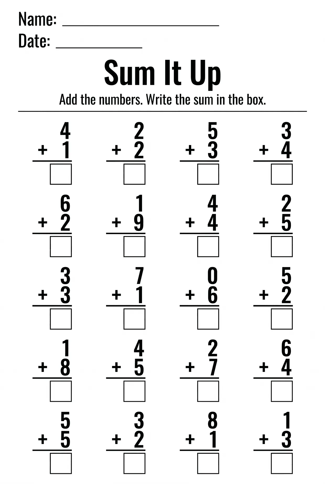 Column Addition Worksheet for Kindergarten: 20 Sums, page 1 preview