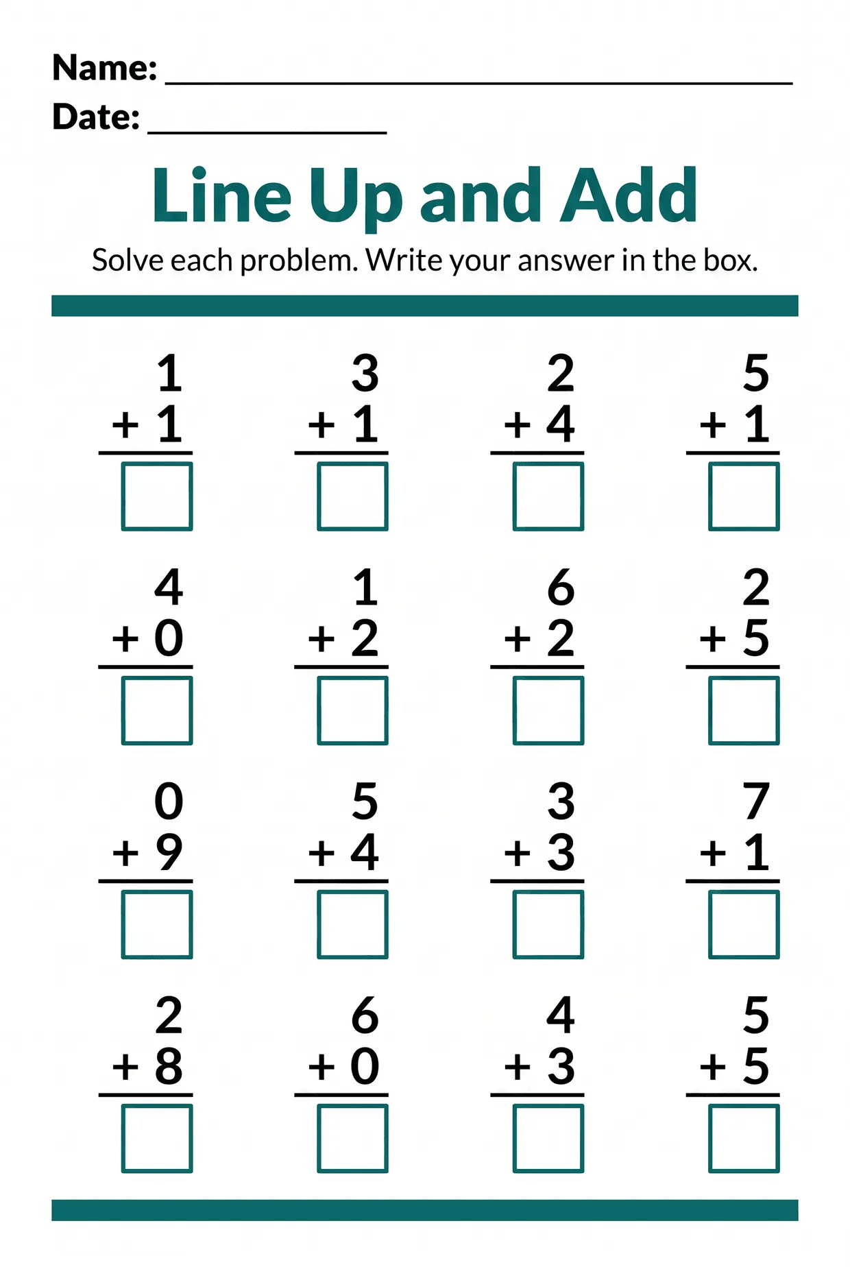 Line Up and Add: Kindergarten Addition Worksheet, page 1 preview
