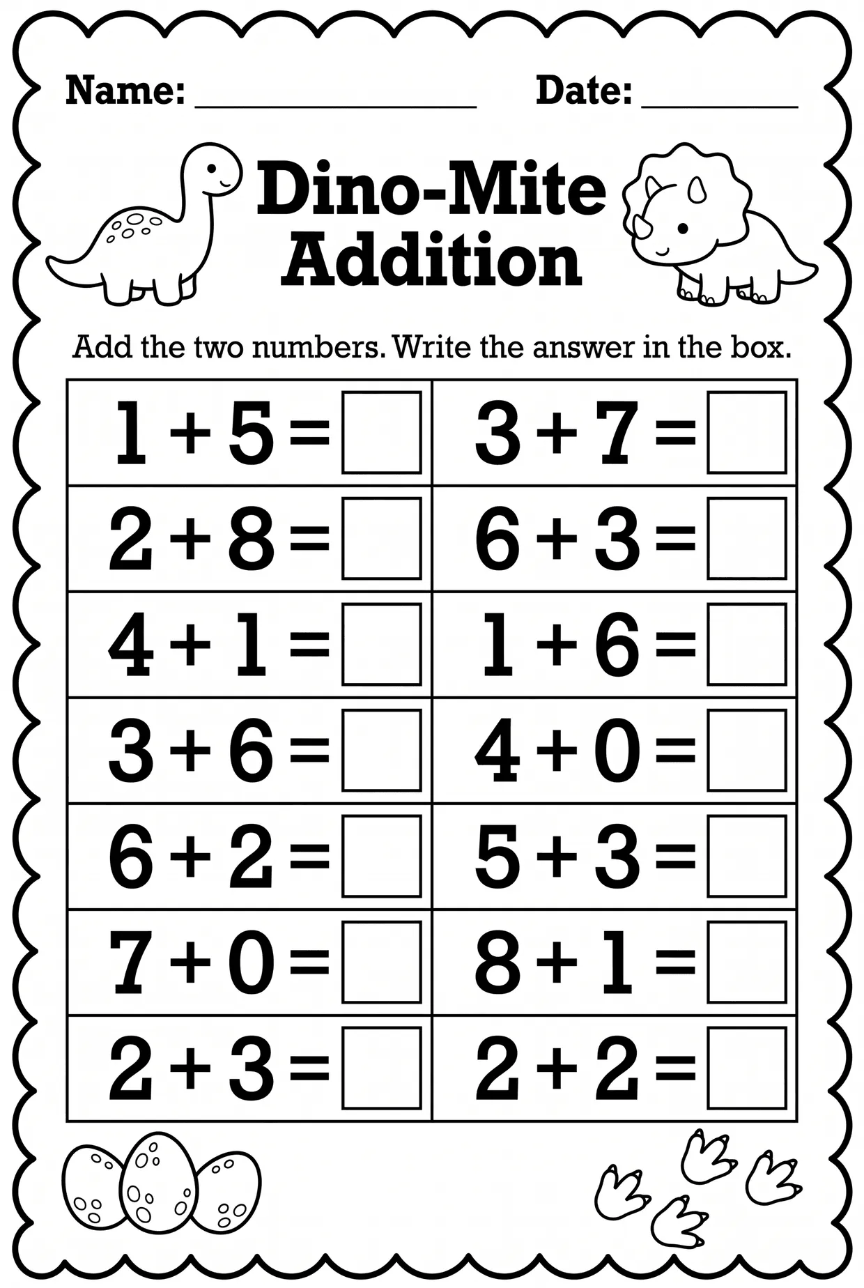 Dinosaur Themed Kindergarten Addition Worksheet worksheet preview