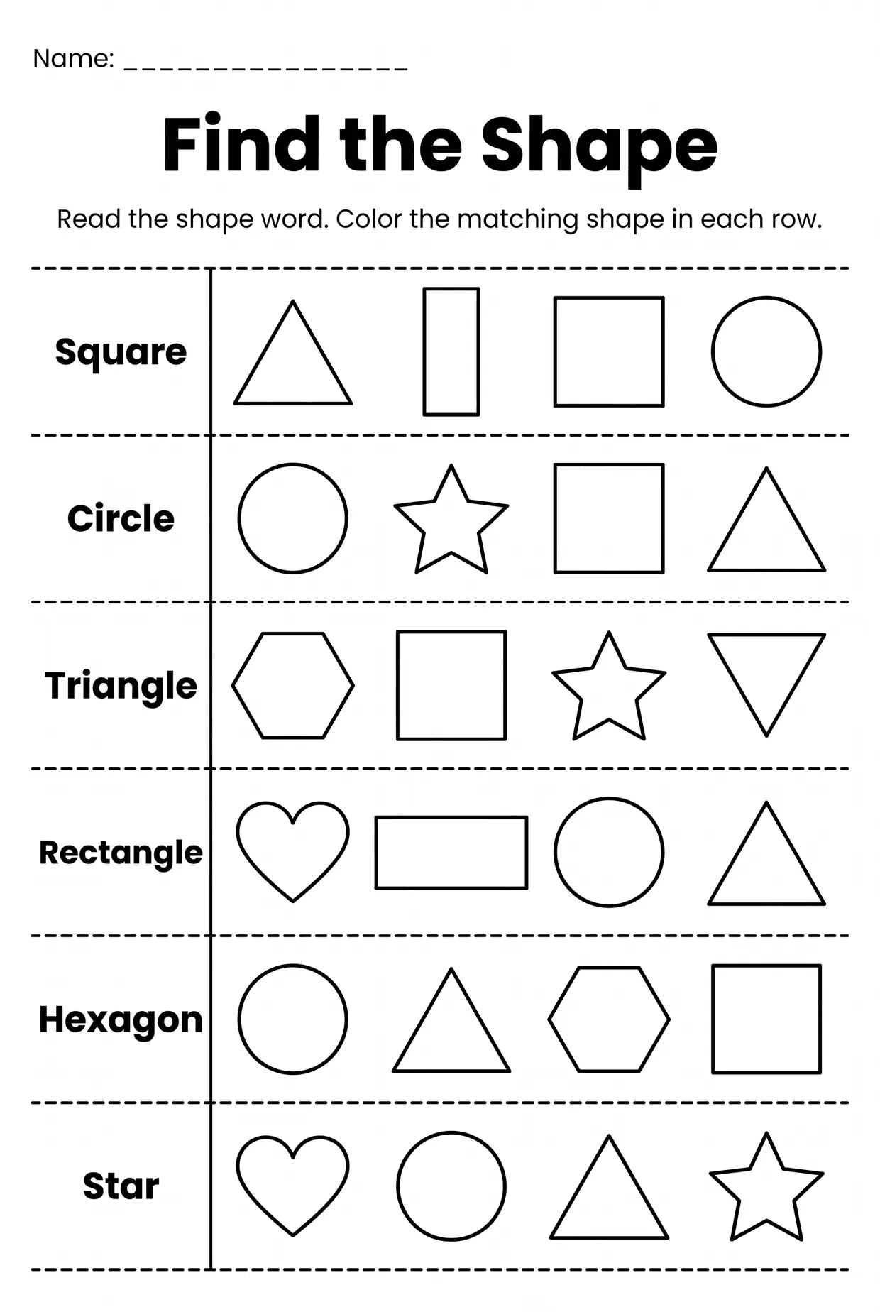Find the Shape Word Kindergarten Shapes Worksheet, page 1 preview