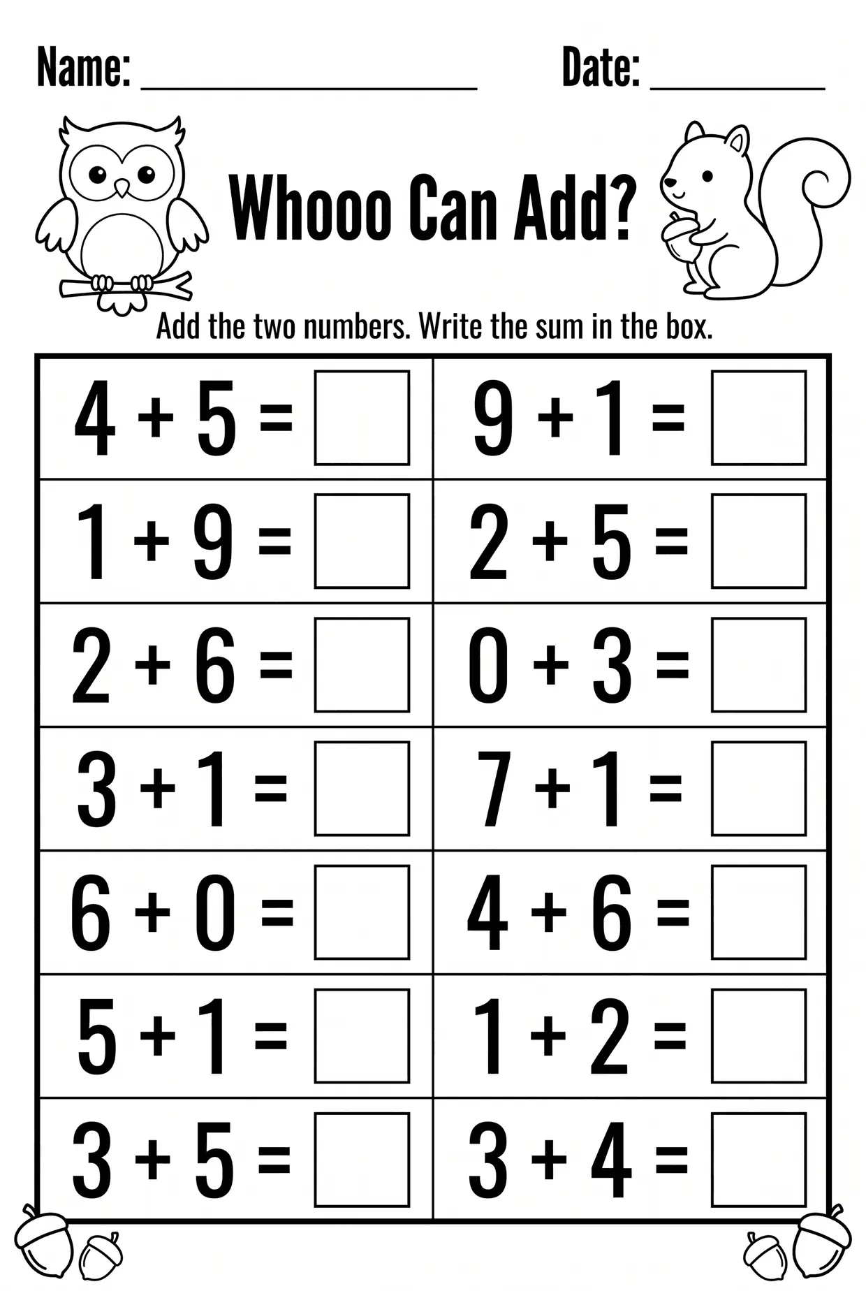 Owl and Woodland Kindergarten Addition Worksheet worksheet preview
