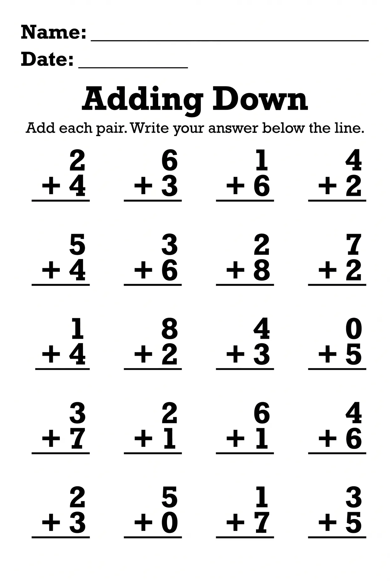 Adding Down: Kindergarten Addition Worksheet to 10, page 1 preview