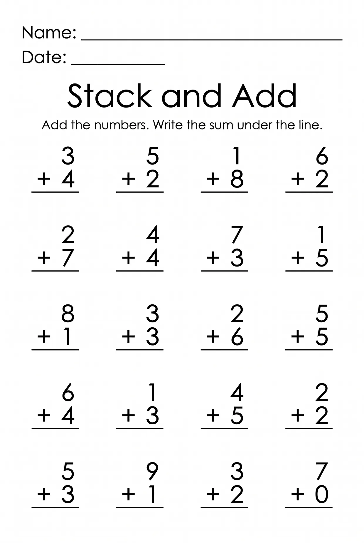 Stack and Add: Kindergarten Addition Worksheet, page 1 preview