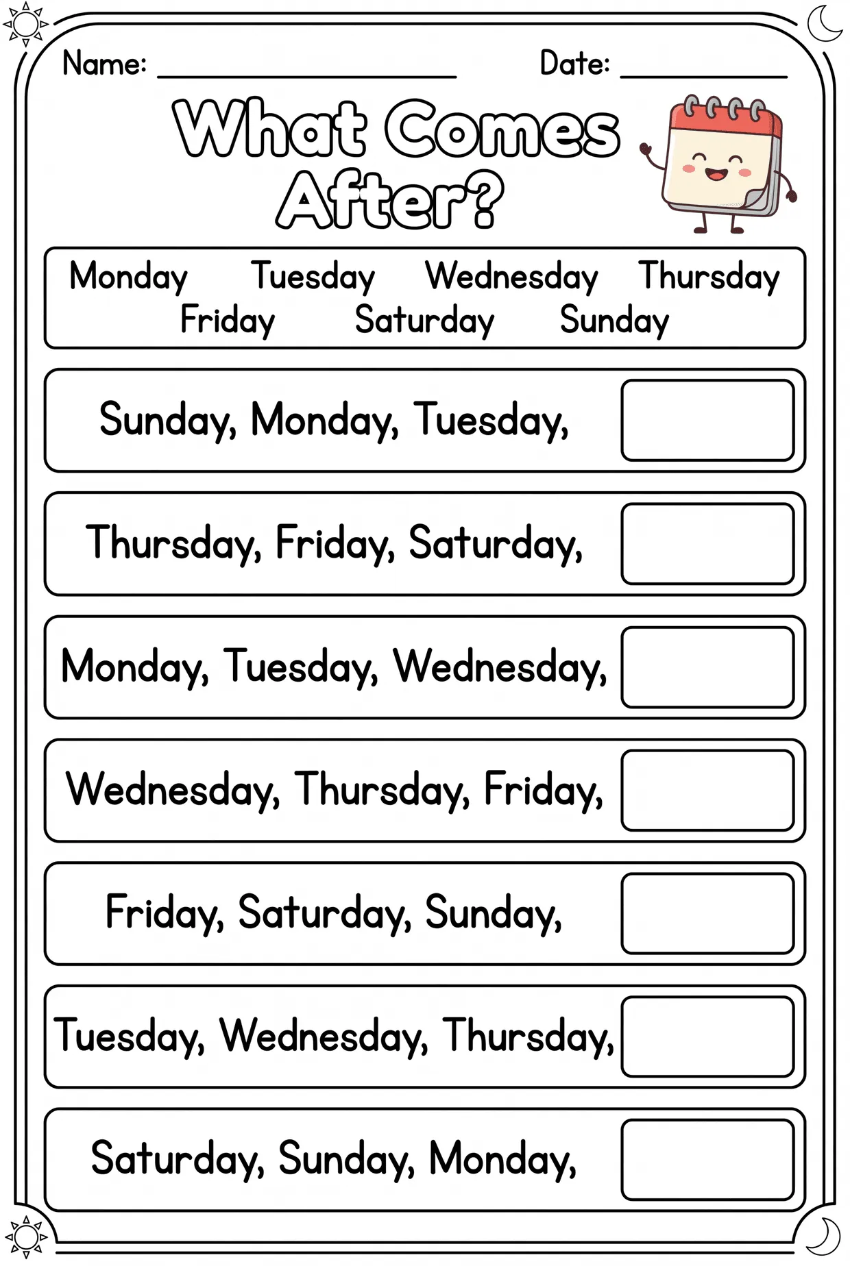 Days of the Week: What Comes After? worksheet preview