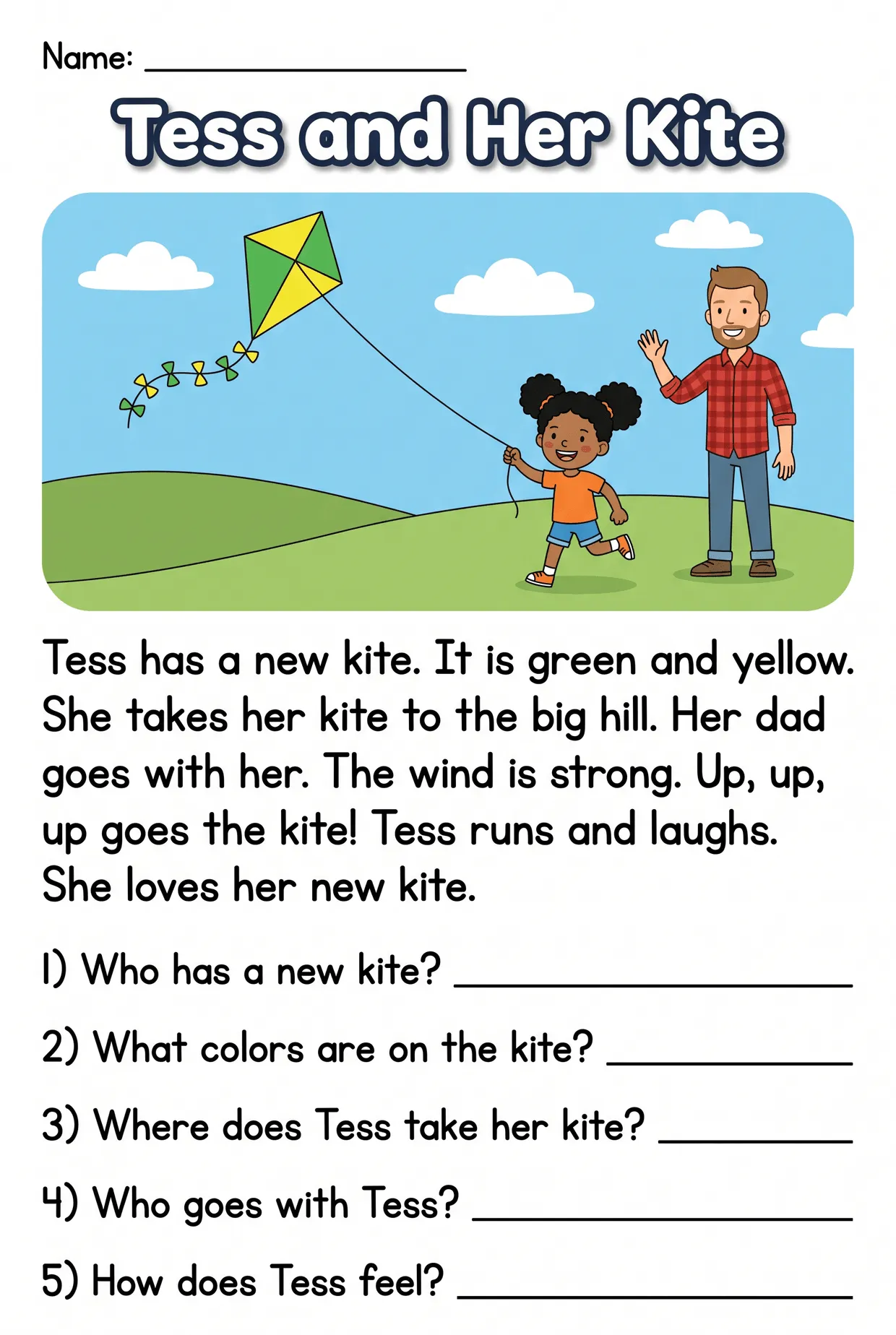 Tess and Her Kite 1st Grade Reading Comprehension, page 1 preview