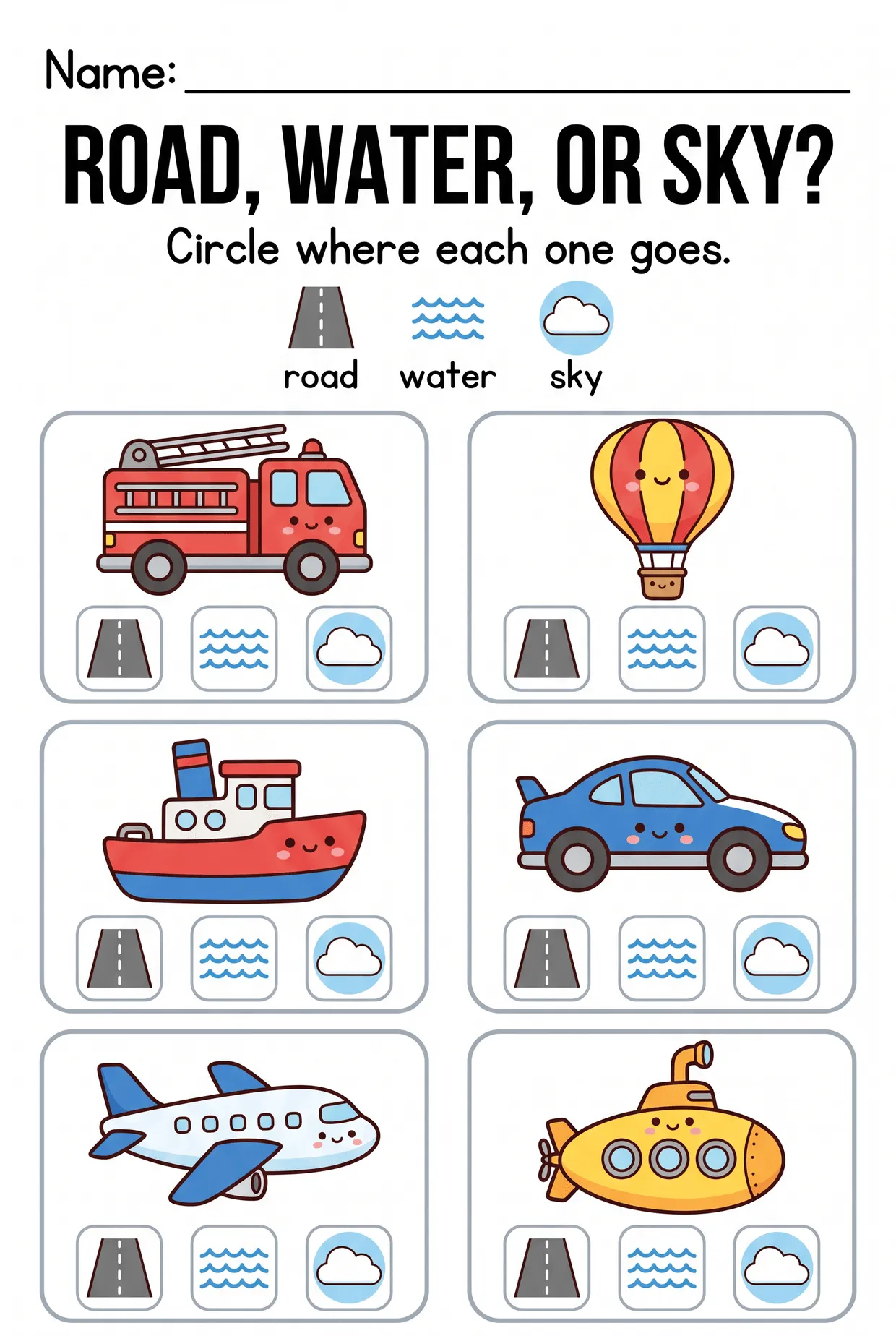 Road, Water or Sky Transportation Worksheet for Preschool worksheet preview