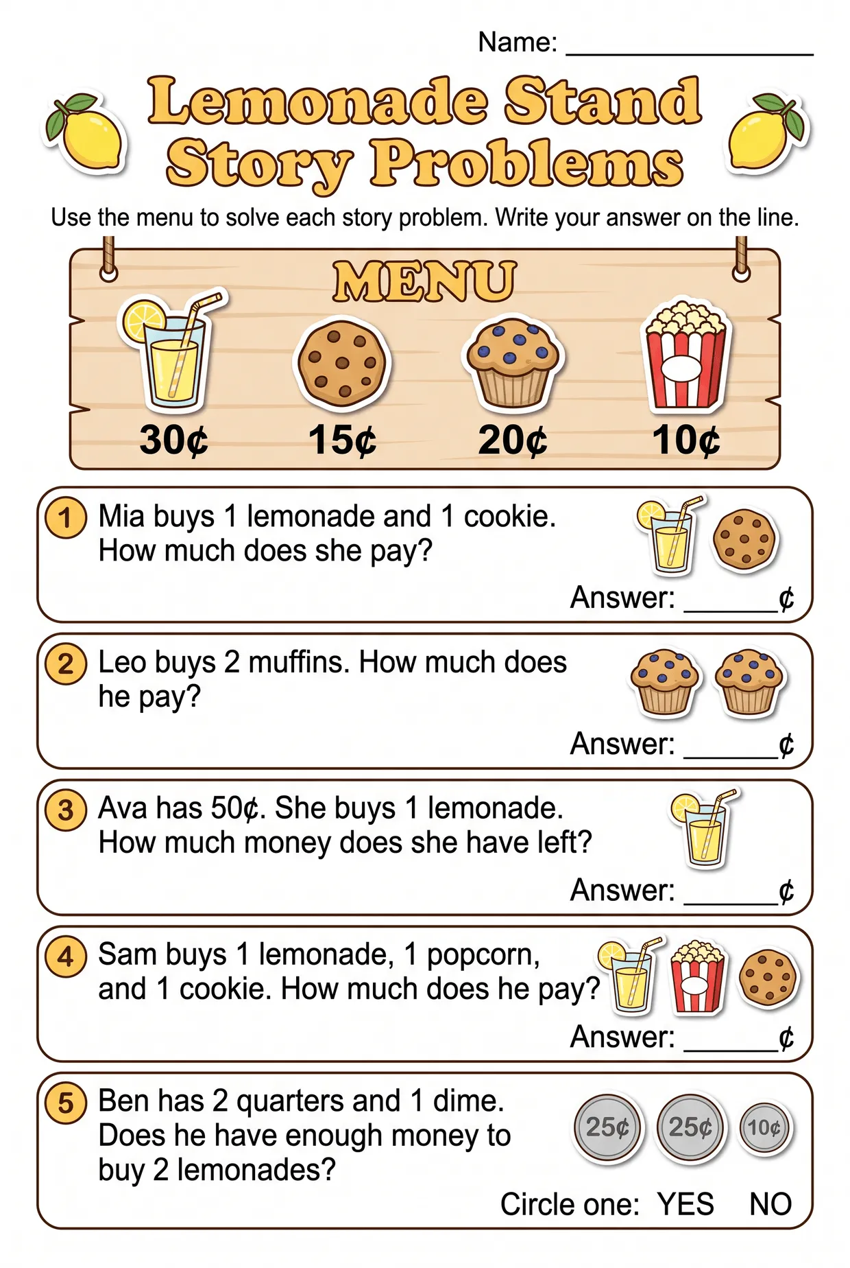 Lemonade Stand Money Word Problems: Grade 2 Worksheet, page 1 preview