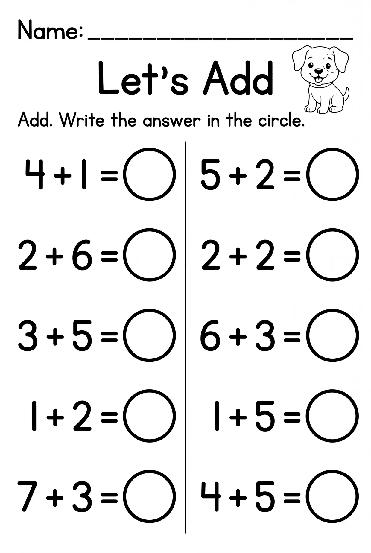 Let's Add Puppy Kindergarten Addition Worksheet, page 1 preview