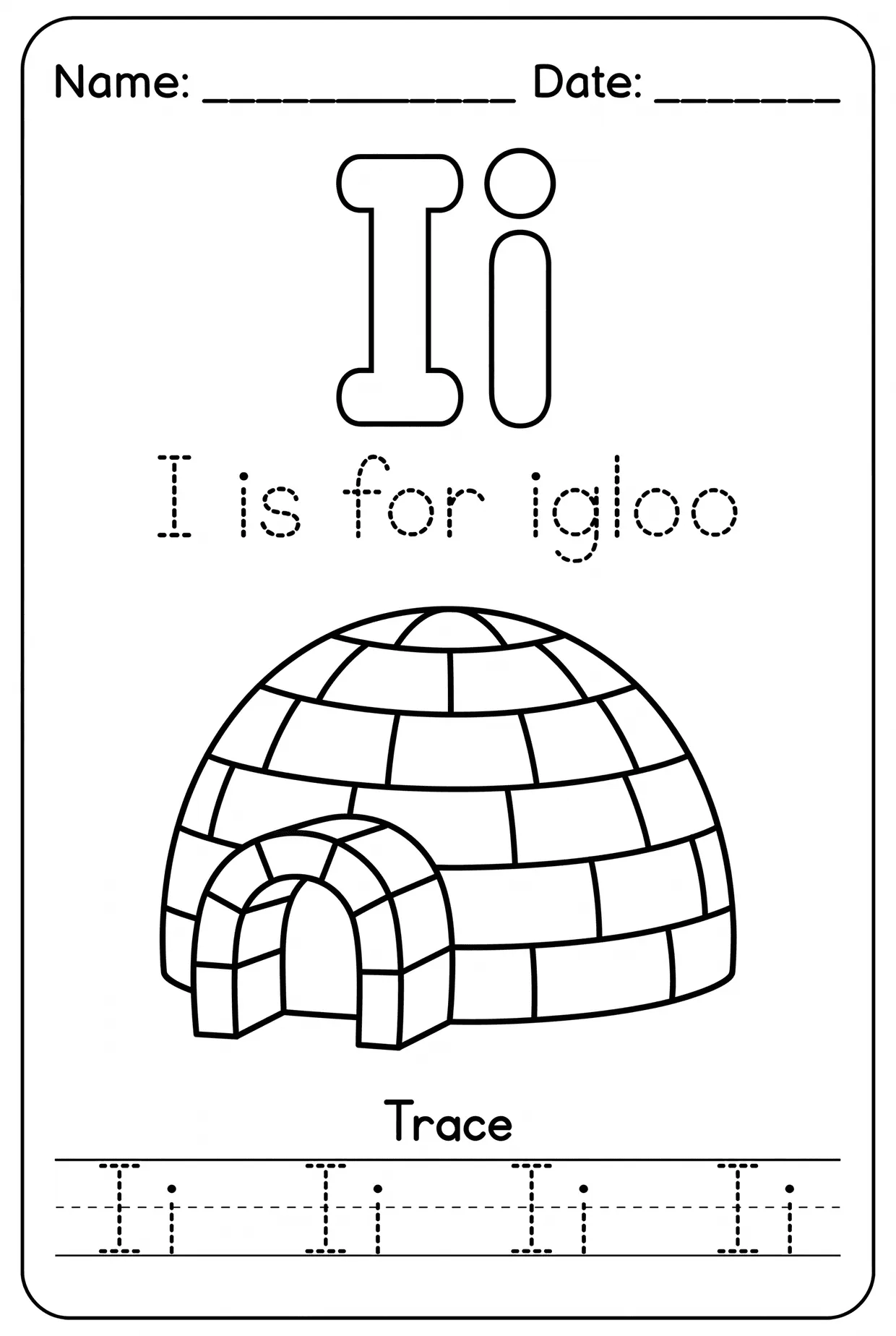 Letter I Tracing Alphabet Worksheet: I Is for Igloo worksheet preview
