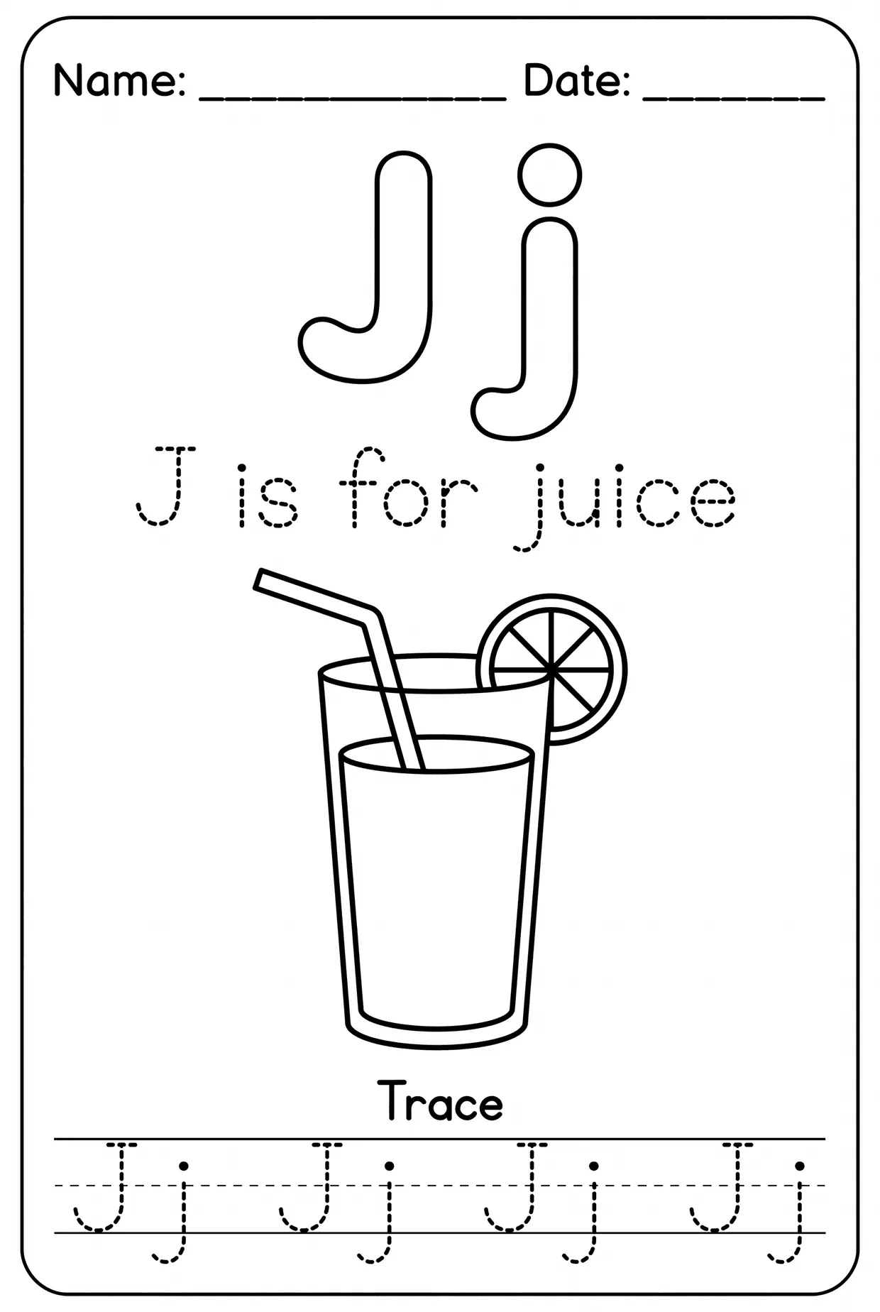Letter J Tracing Alphabet Worksheet: J Is for Juice worksheet preview