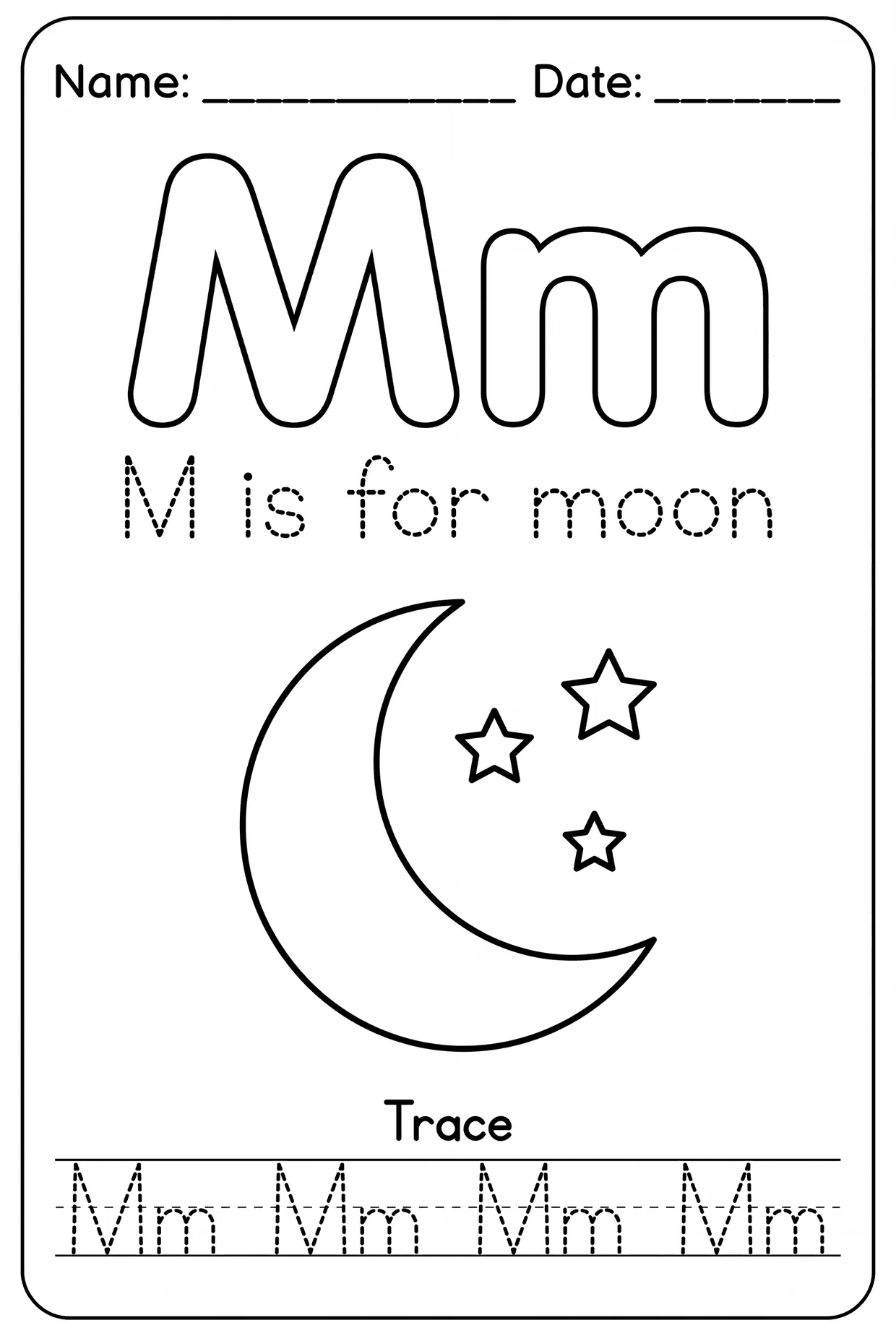 Letter M Tracing Alphabet Worksheet: M Is for Moon worksheet preview