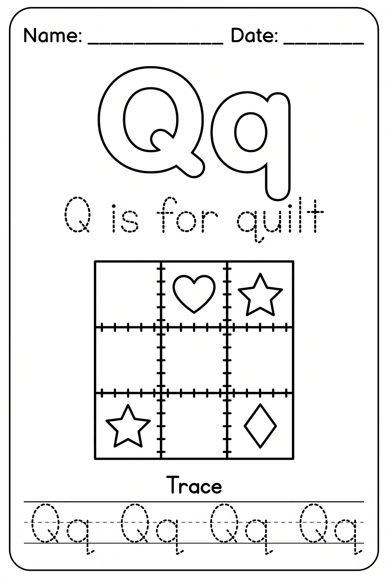 Letter Q Tracing Alphabet Worksheet: Q Is for Quilt worksheet preview