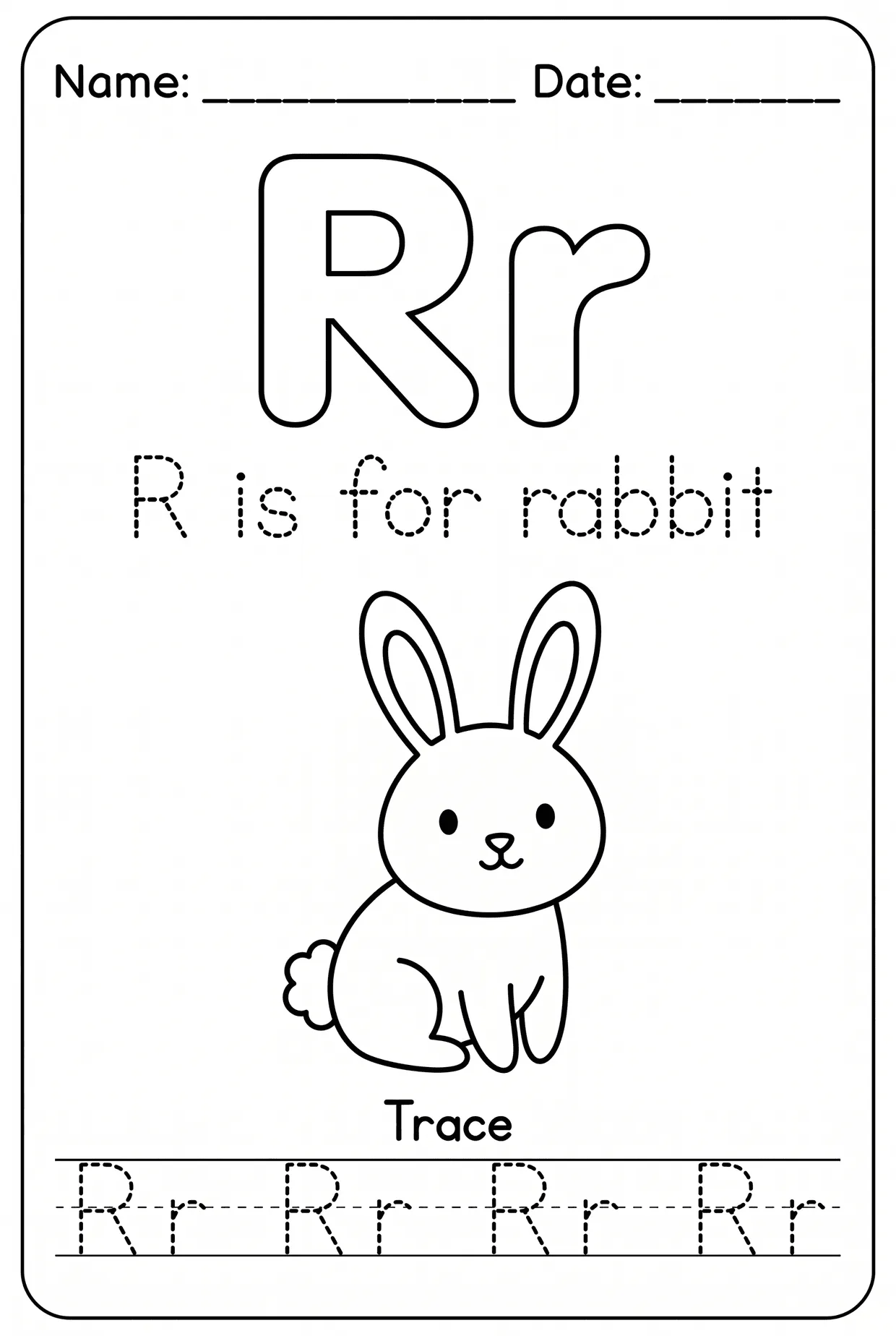 Letter R Tracing Alphabet Worksheet: R Is for Rabbit worksheet preview