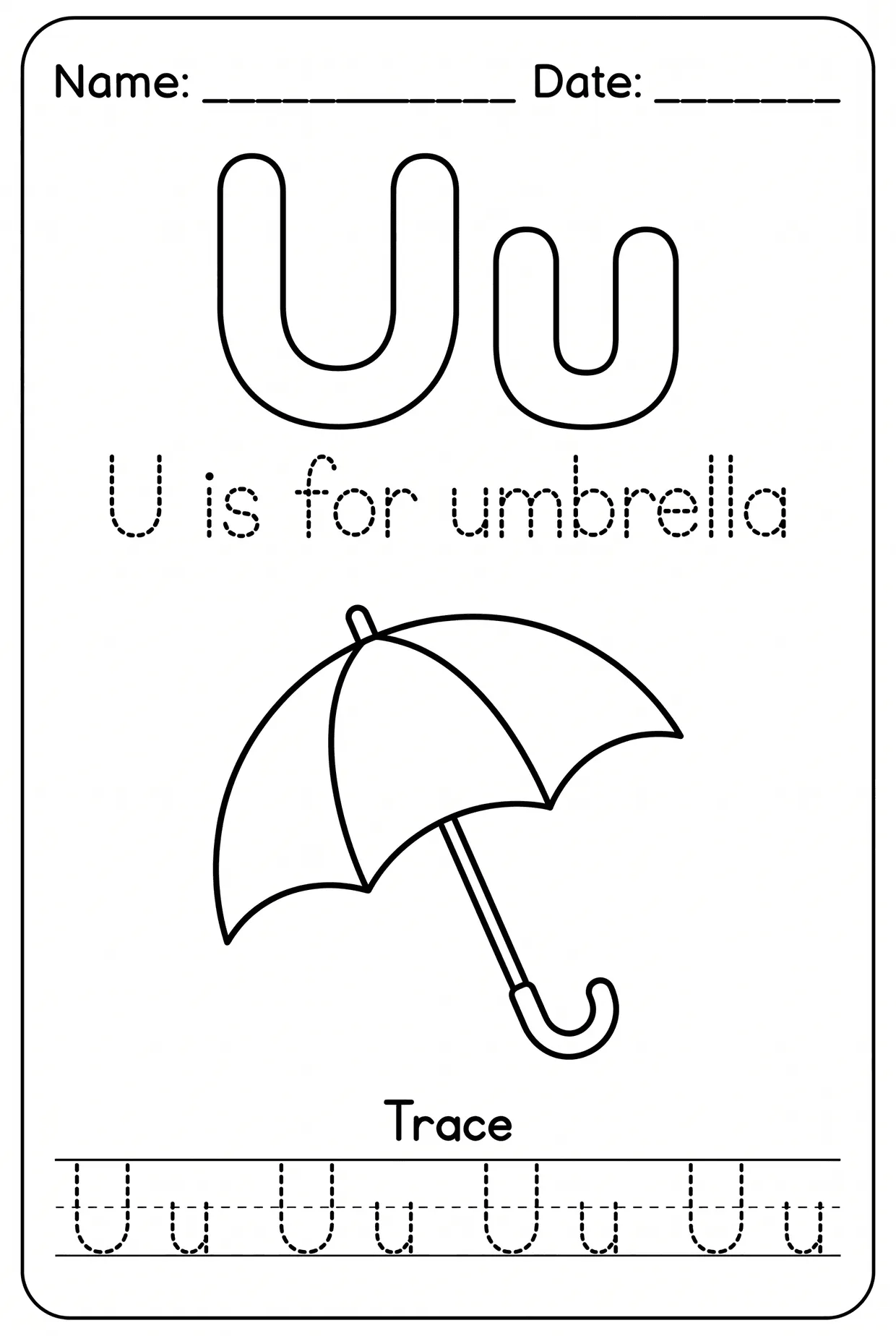 Letter U Tracing Alphabet Worksheet: U Is for Umbrella worksheet preview