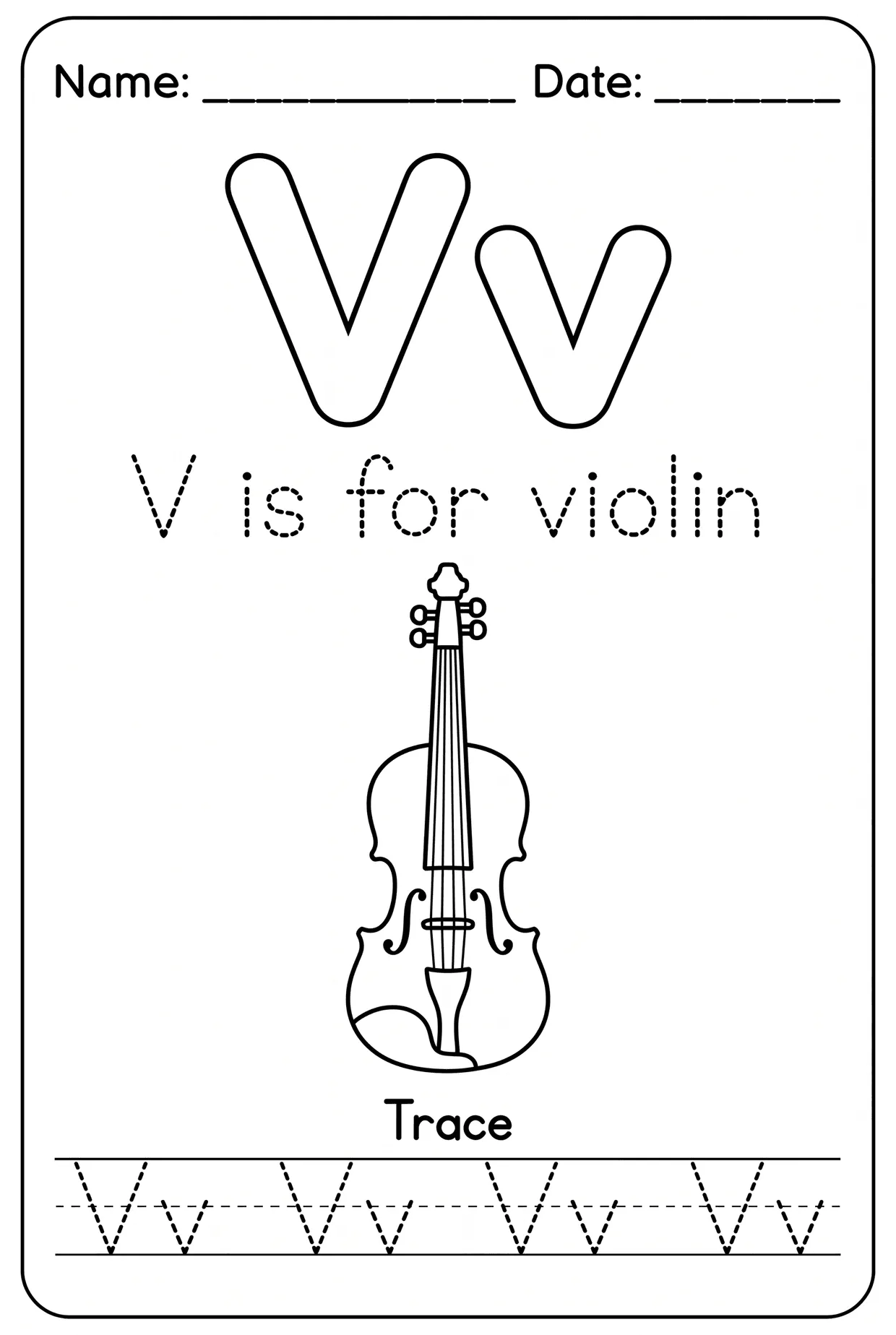 Letter V Tracing Alphabet Worksheet: V Is for Violin worksheet preview