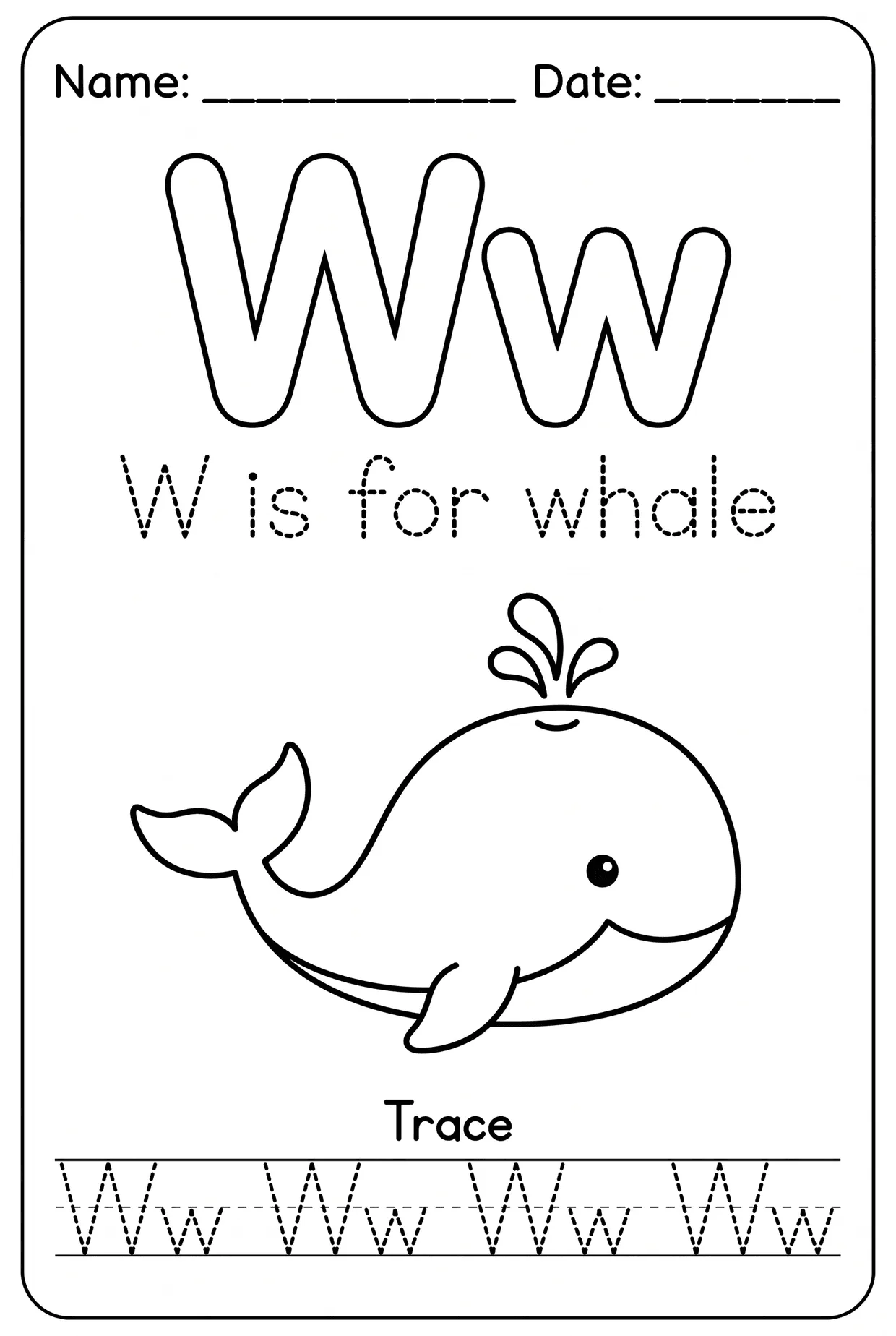 Letter W Tracing Alphabet Worksheet: W Is for Whale worksheet preview