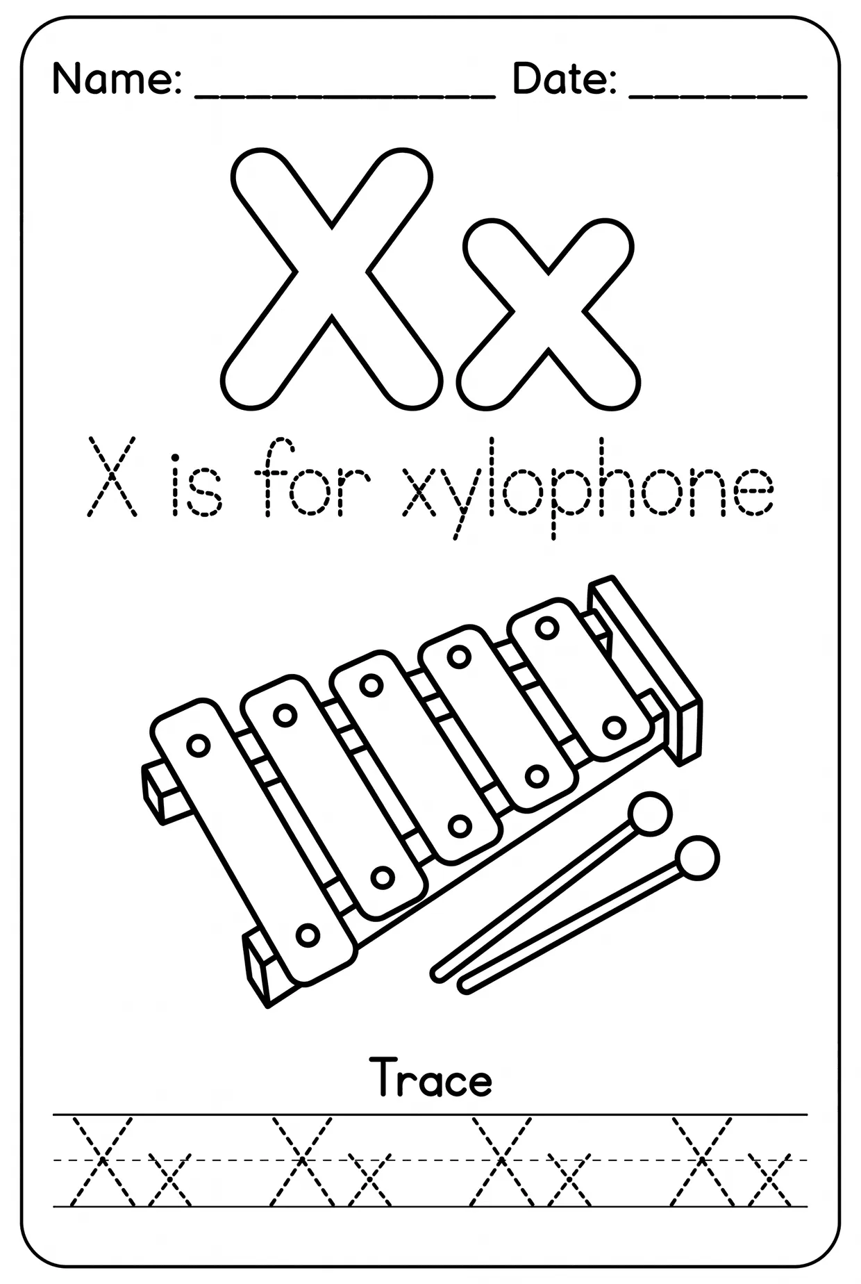 Letter X Tracing Alphabet Worksheet: X Is for Xylophone worksheet preview