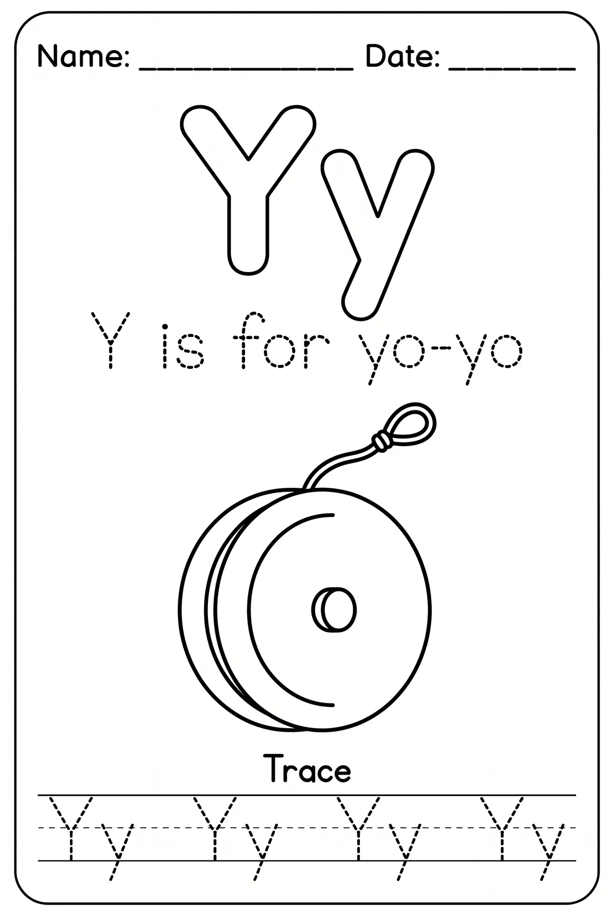 Letter Y Tracing Alphabet Worksheet: Y Is for Yo-Yo worksheet preview