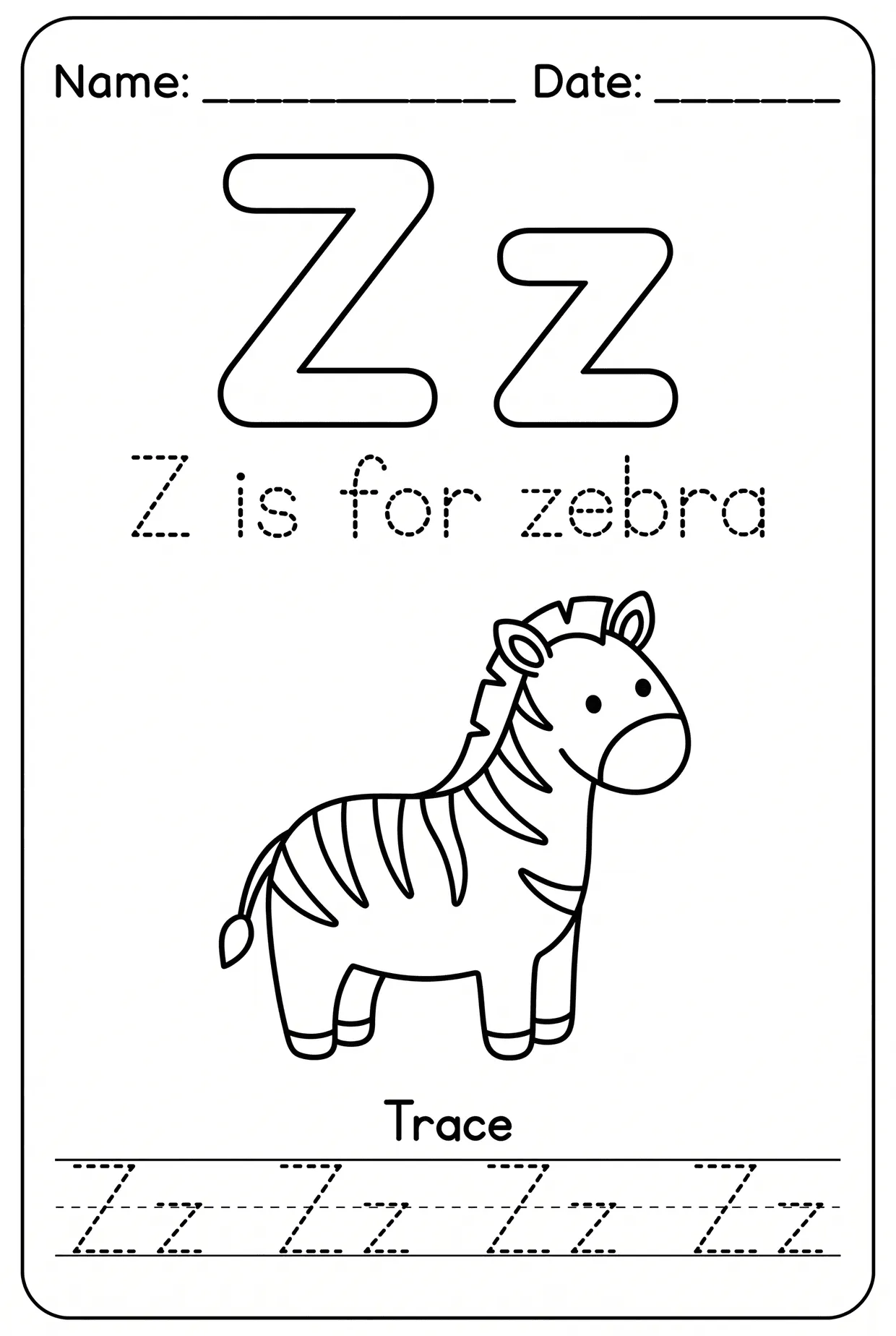 Letter Z Tracing Alphabet Worksheet: Z Is for Zebra worksheet preview