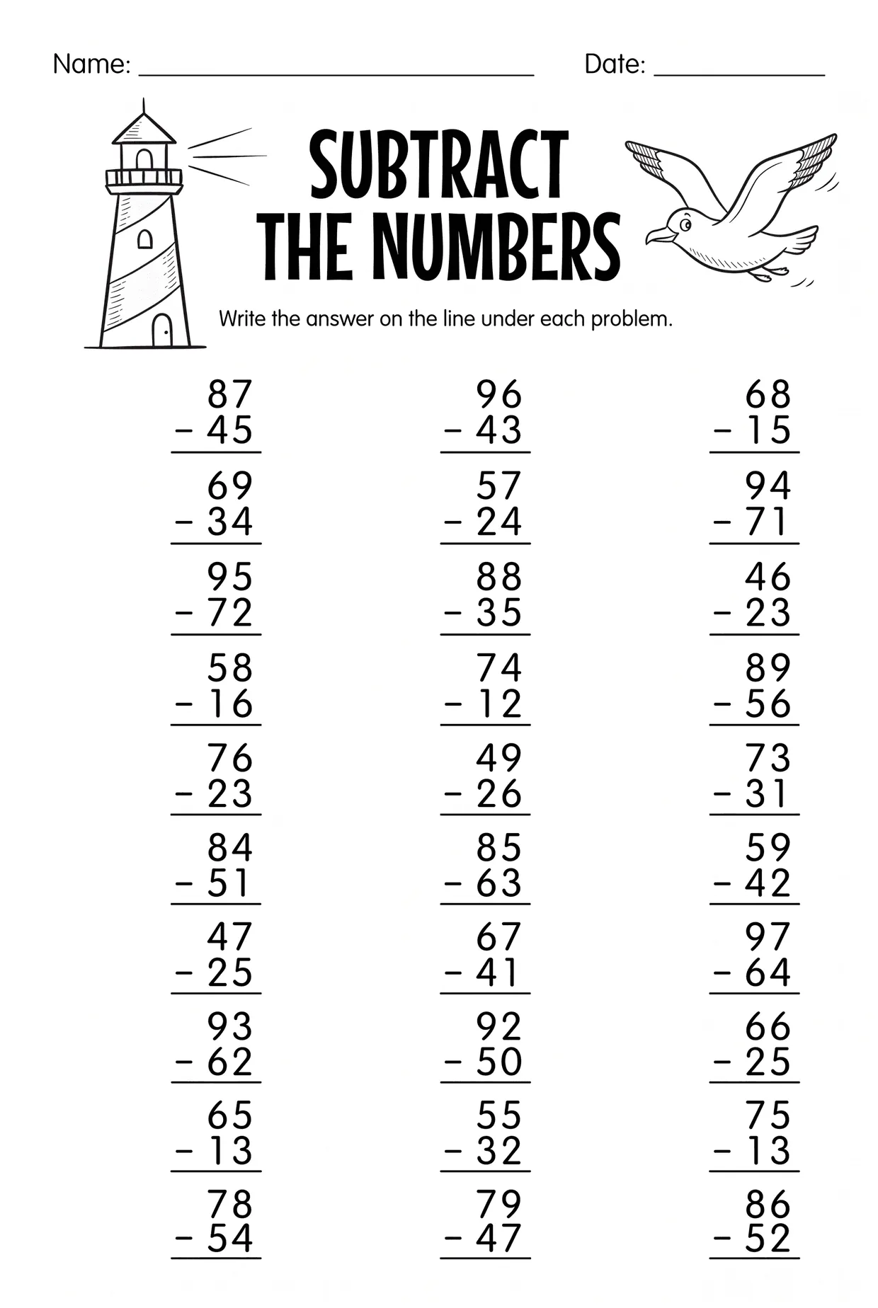 Lighthouse 2nd Grade Subtraction Worksheet, page 1 preview