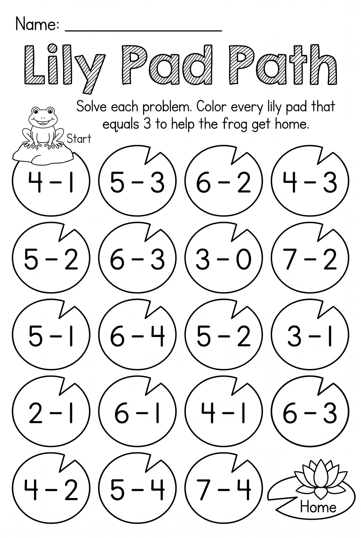 Lily Pad Path Subtraction Worksheet for Kindergarten, page 1 preview