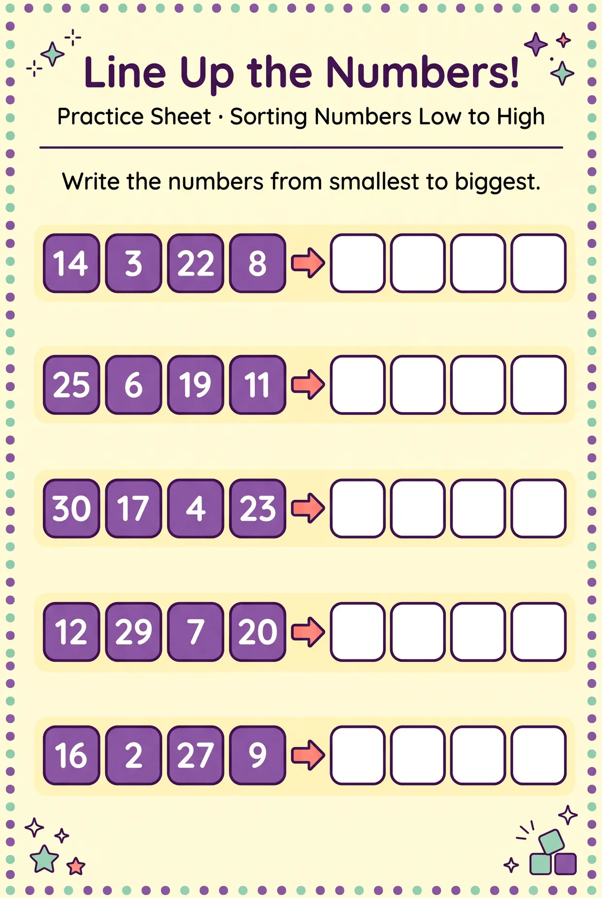 Line Up the Numbers: Ascending Order to 30, page 1 preview