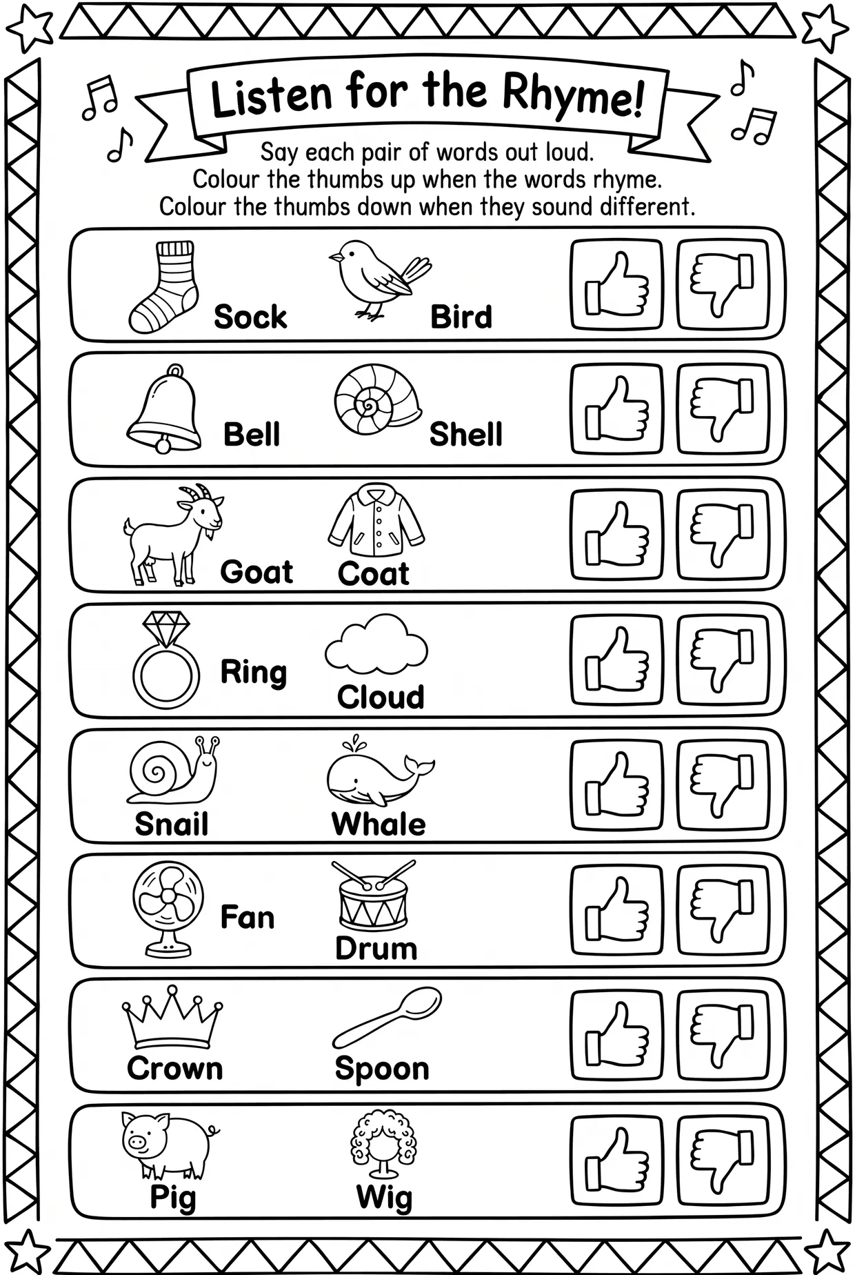 Listen for the Rhyme: Thumbs Rhyming Words Worksheet, page 1 preview