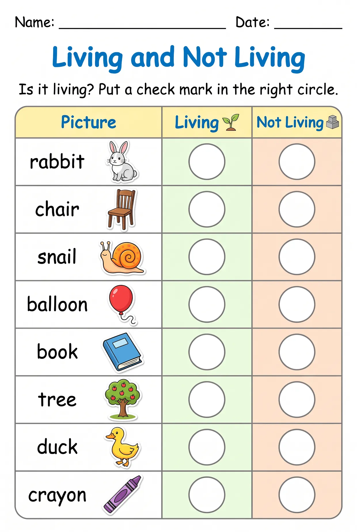 Living and Non Living Things Check Chart Worksheet, page 1 preview