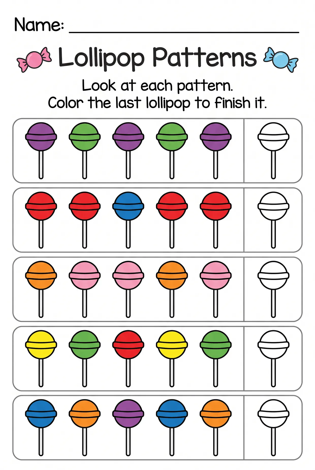 Lollipop Color Pattern Worksheet for Kindergarten, page 1 preview