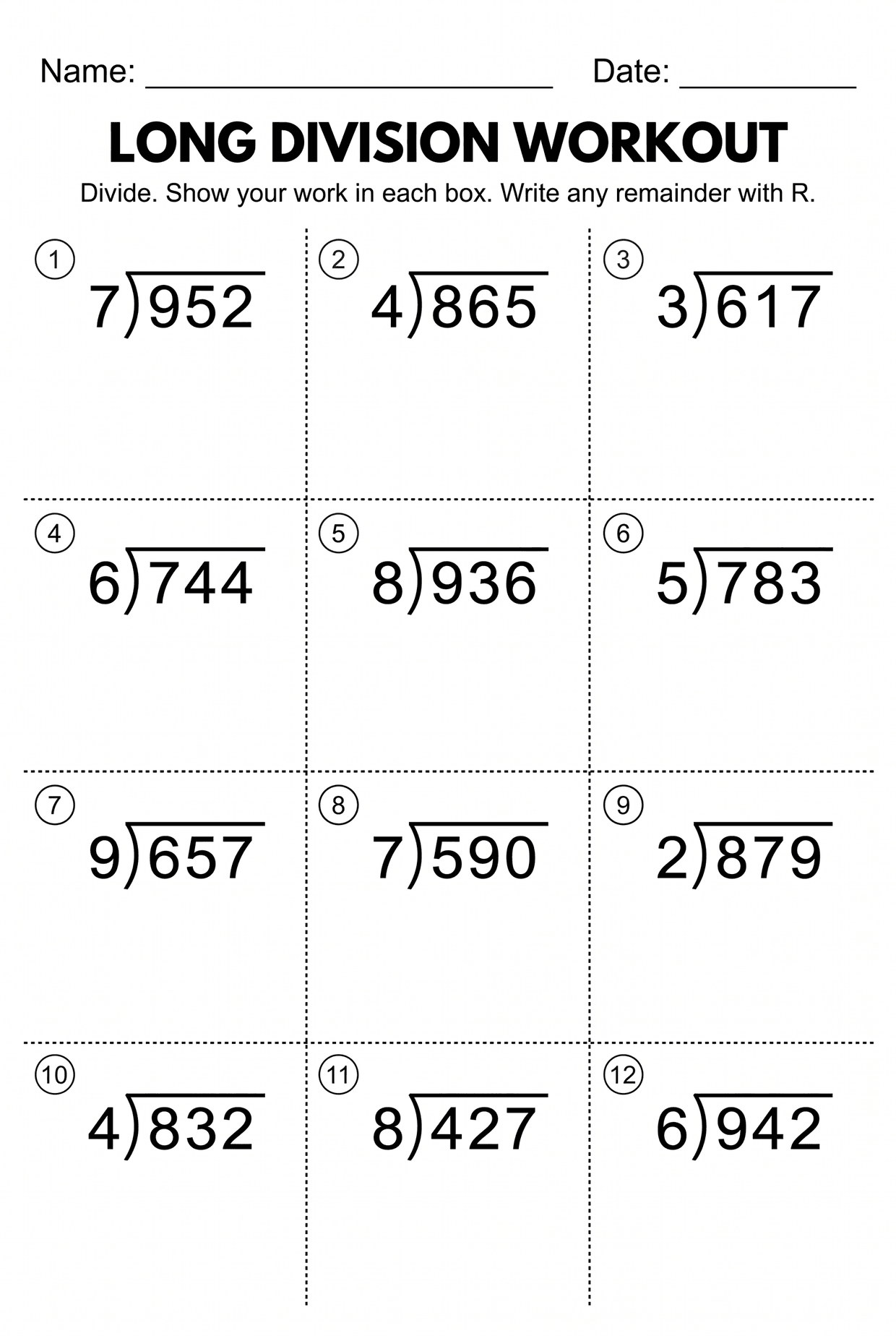 Long Division Workout Worksheet for 4th Grade