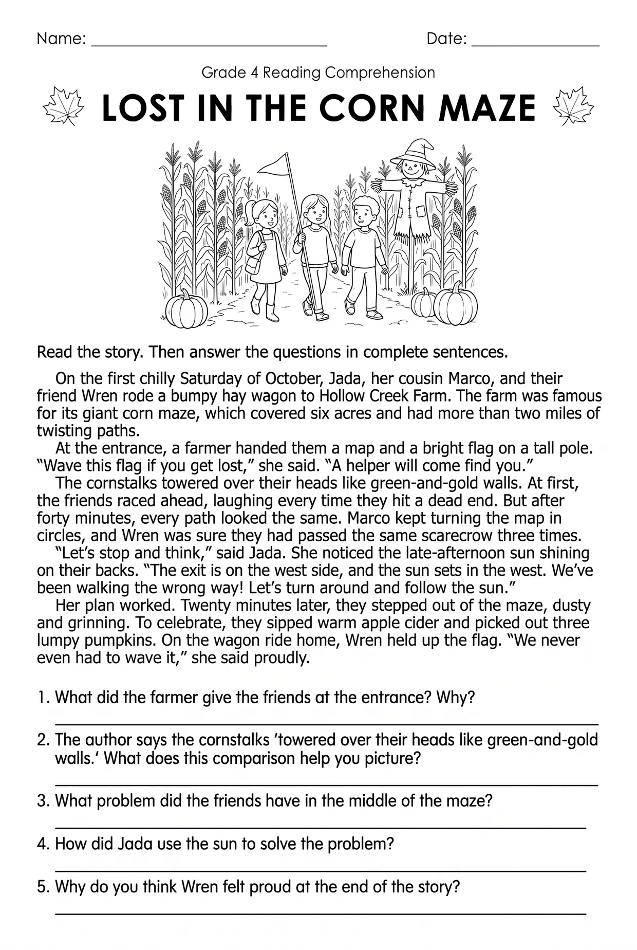 Corn Maze Fall Reading Comprehension Worksheet Grade 4, page 1 preview