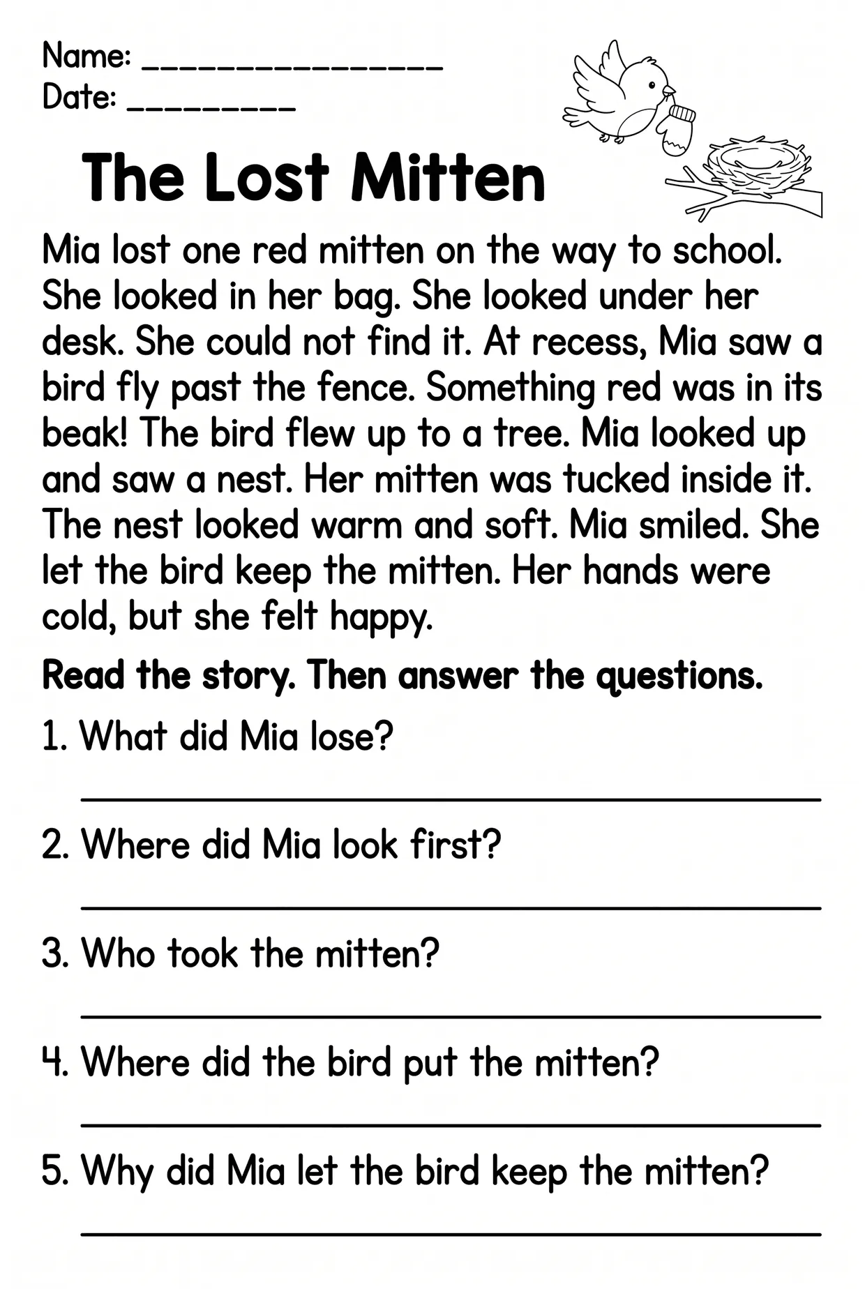 The Lost Mitten Reading Comprehension Worksheet, page 1 preview