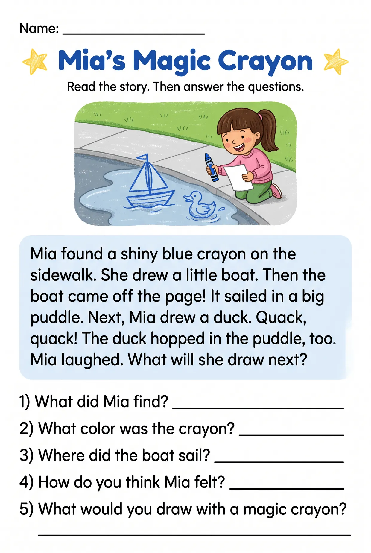 Mia's Magic Crayon Grade 1 Reading Comprehension Story, page 1 preview