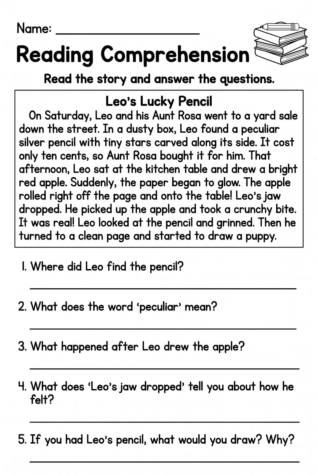 Leo's Lucky Pencil Reading Comprehension Grade 3, page 1 preview