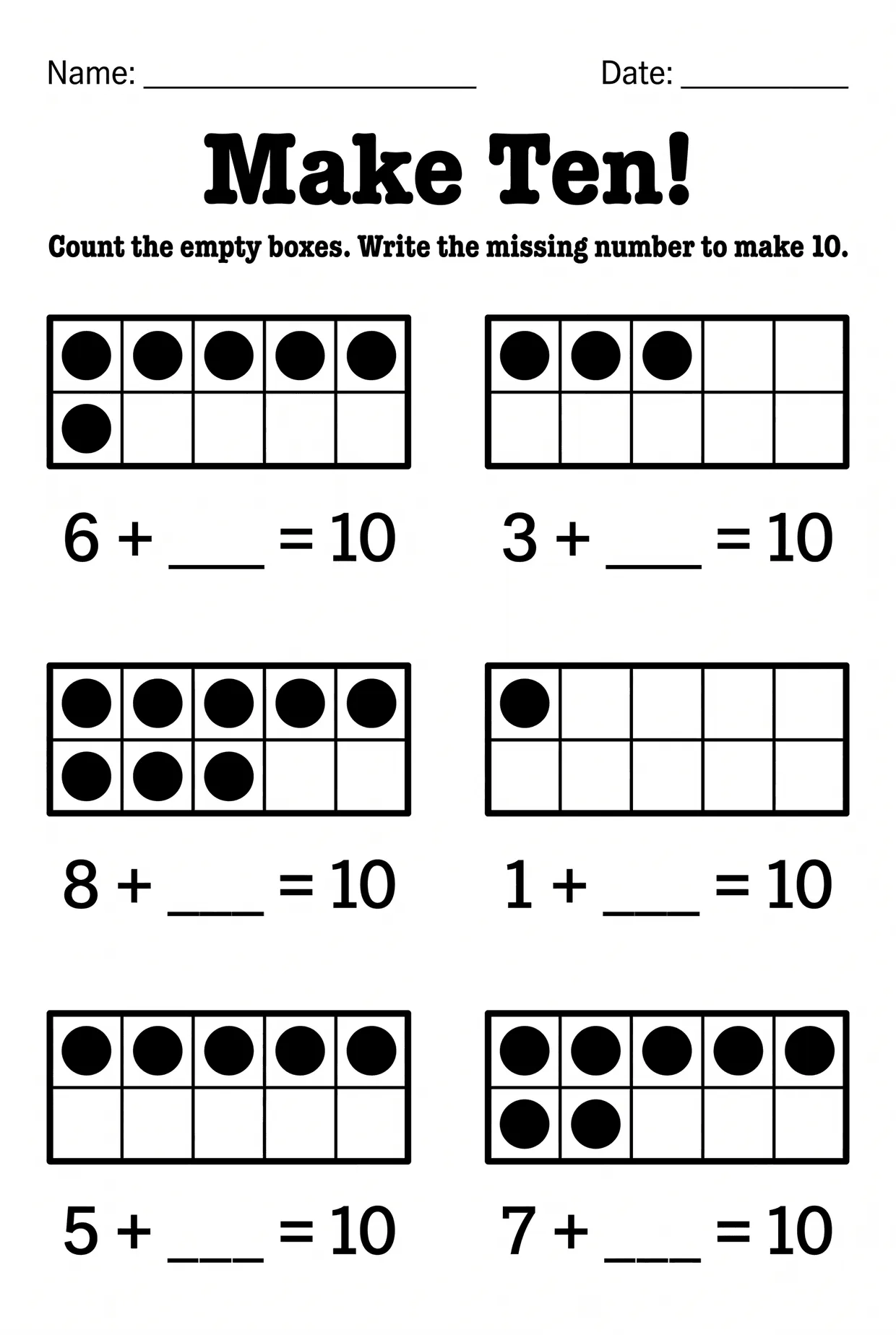 Make Ten Worksheet: Missing Addend Addition, Grade 1 worksheet preview