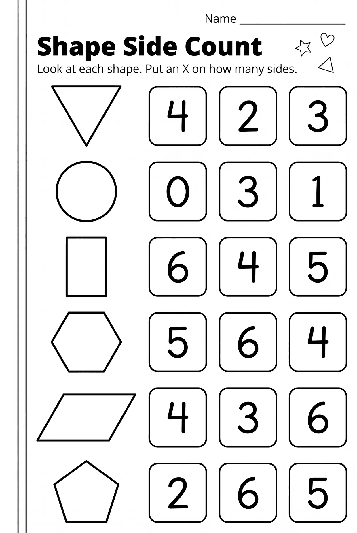 Shape Side Count: Kindergarten Shapes Math Worksheet, page 1 preview