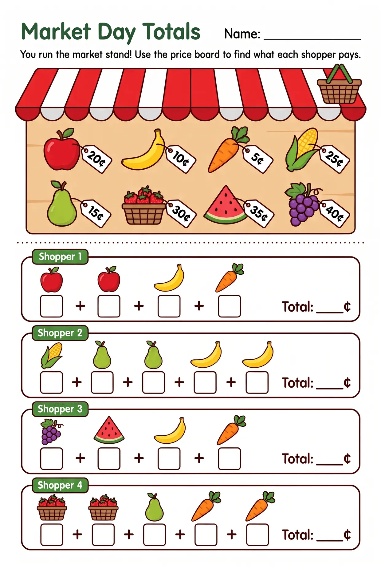 Market Day Adding Cents: 2nd Grade Money Worksheet, page 1 preview
