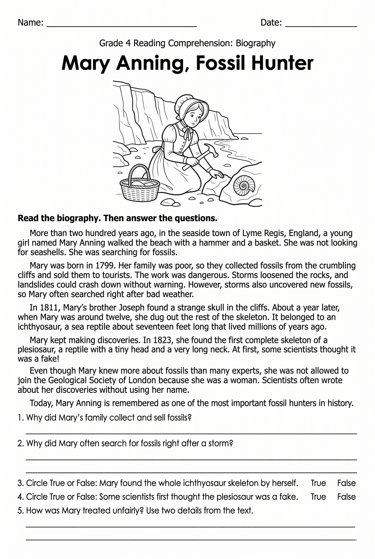 Mary Anning 4th Grade Reading Comprehension Worksheet