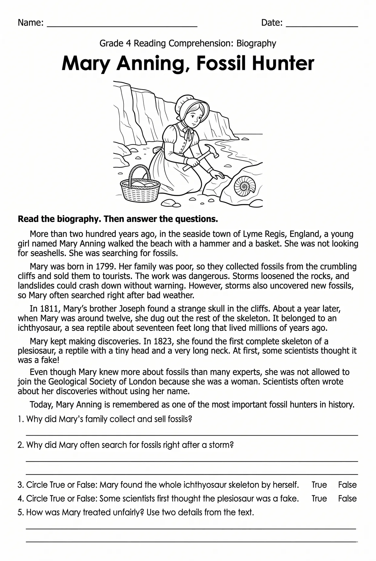 Mary Anning 4th Grade Reading Comprehension Worksheet, page 1 preview
