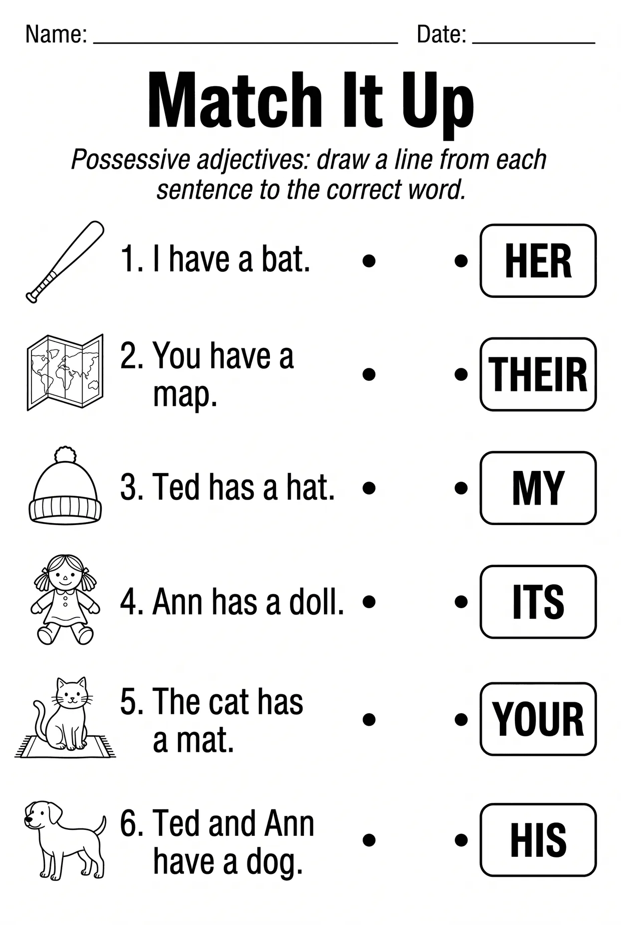 Match It Up Possessive Adjectives Worksheet for Grade 1, page 1 preview