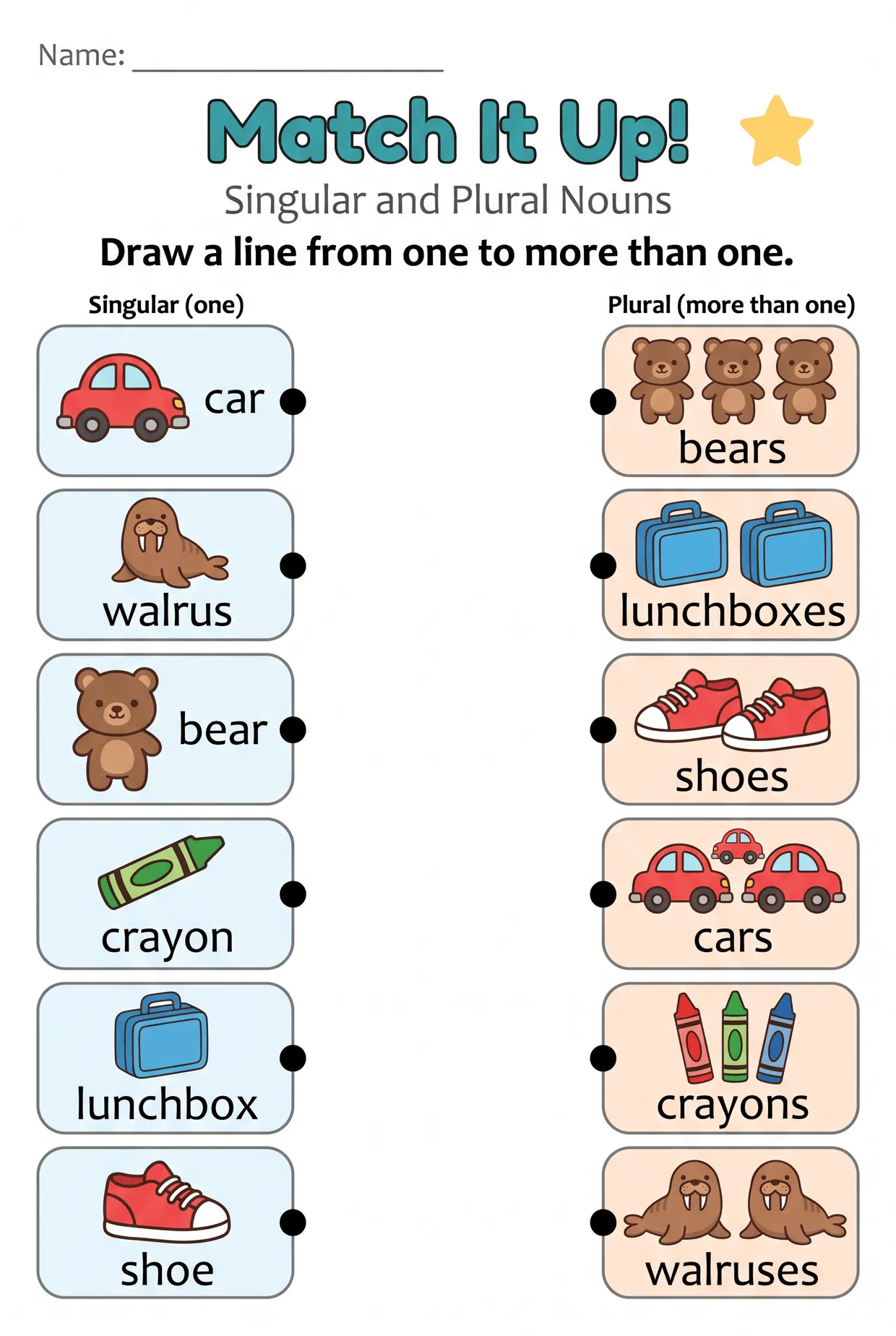 Match It Up Singular Plural Worksheet for First Grade, page 1 preview