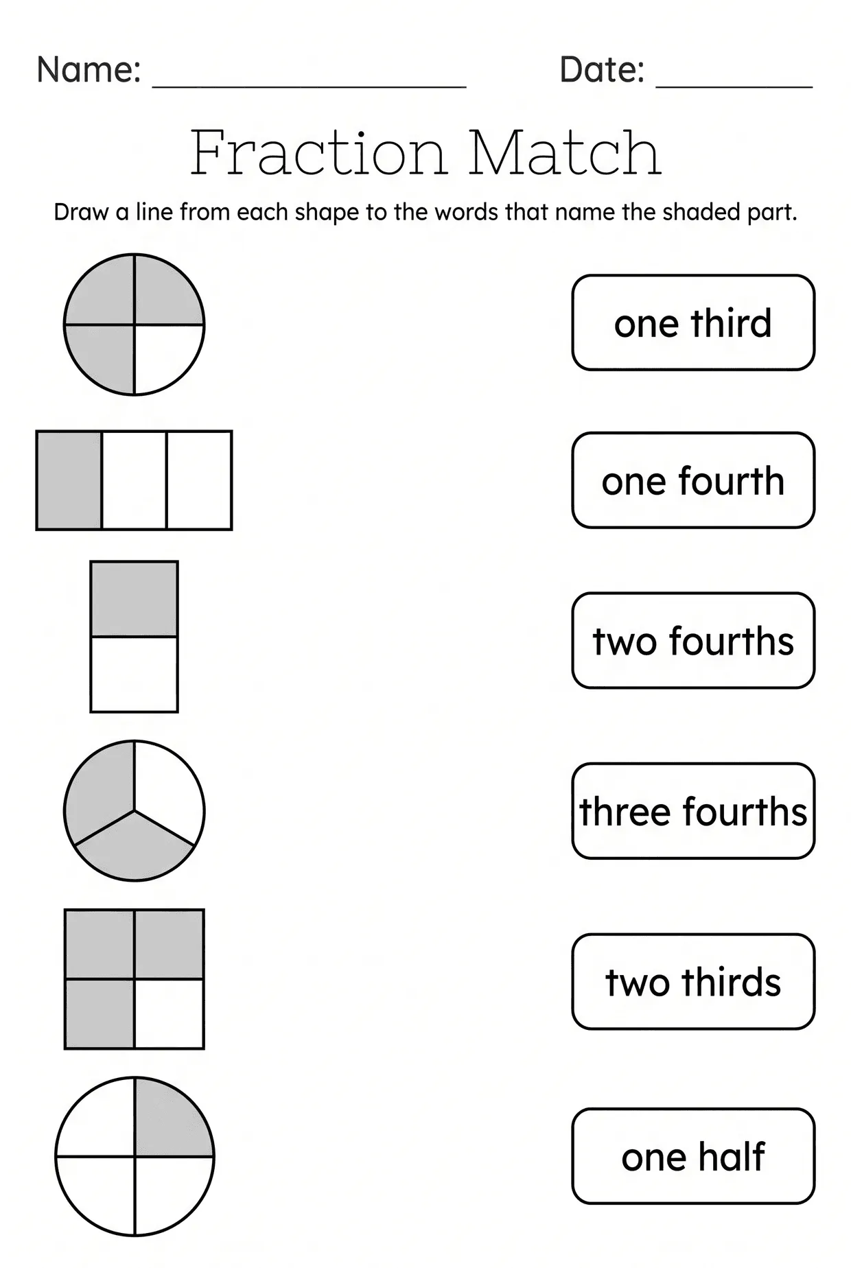 Match Shapes to Fraction Words Worksheet for Grade 2, page 1 preview