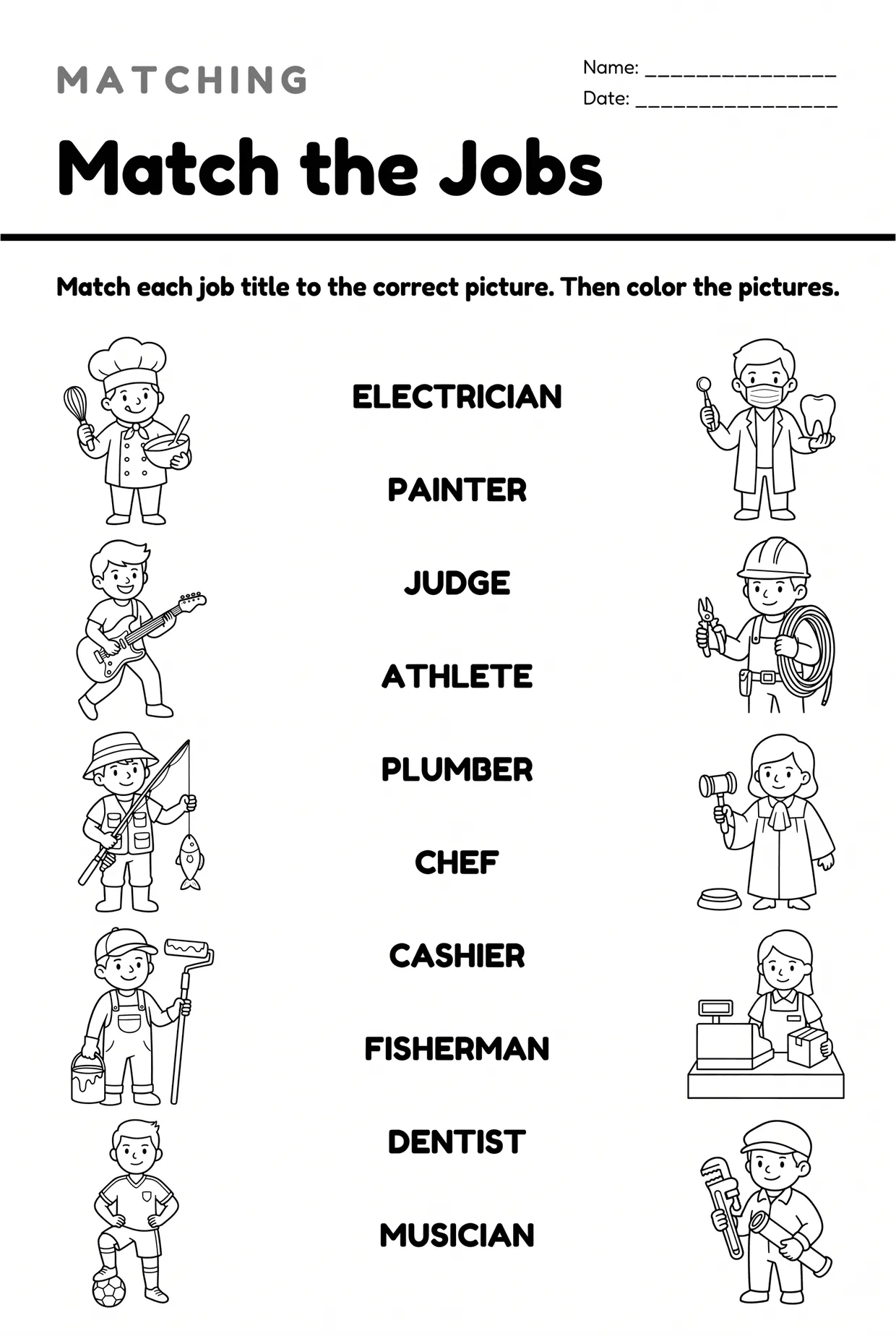 Match the Jobs: Color and Match Worksheet, page 1 preview