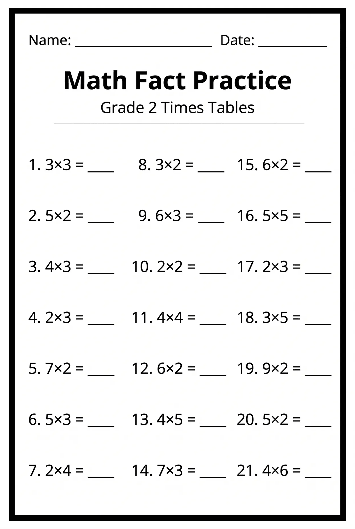 Math Fact Practice: 2nd Grade Multiplication Worksheet, page 1 preview