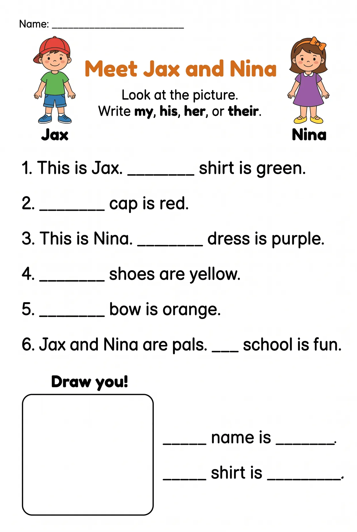 Meet Jax and Nina Possessive Adjectives Worksheet, page 1 preview