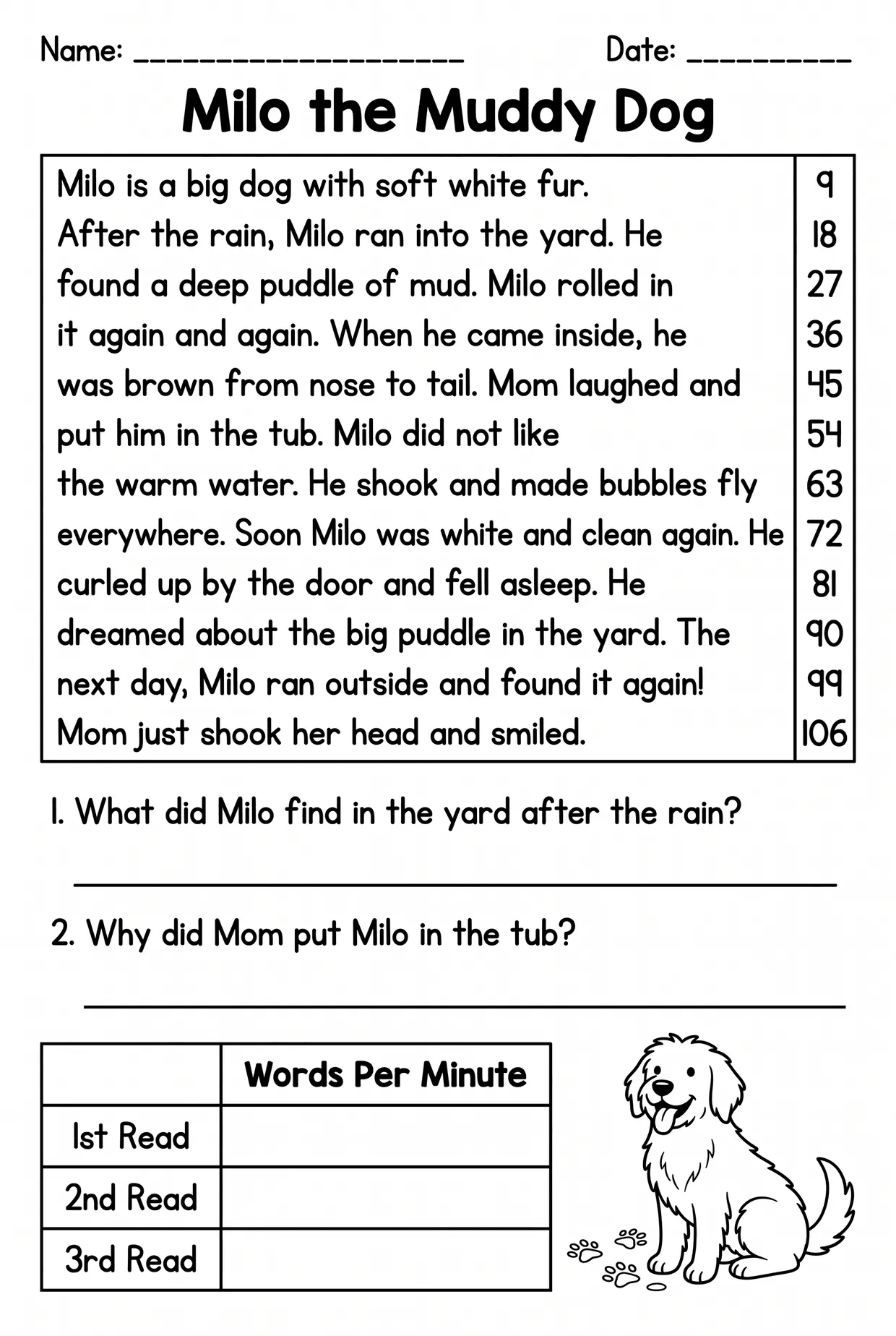 Milo the Muddy Dog Fluency Passage for 2nd Grade, page 1 preview