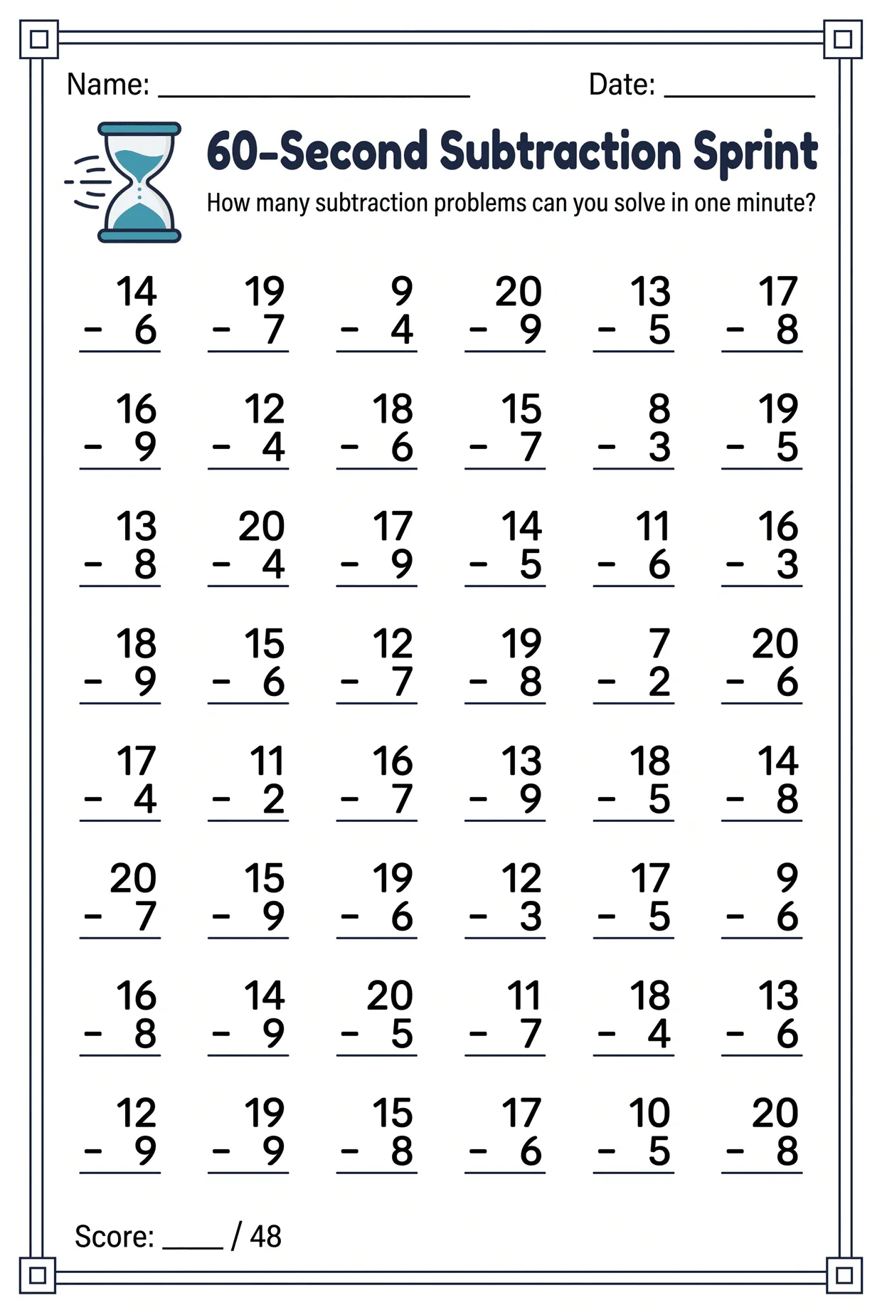 Minute Sprint: 2nd Grade Subtraction Worksheet worksheet preview