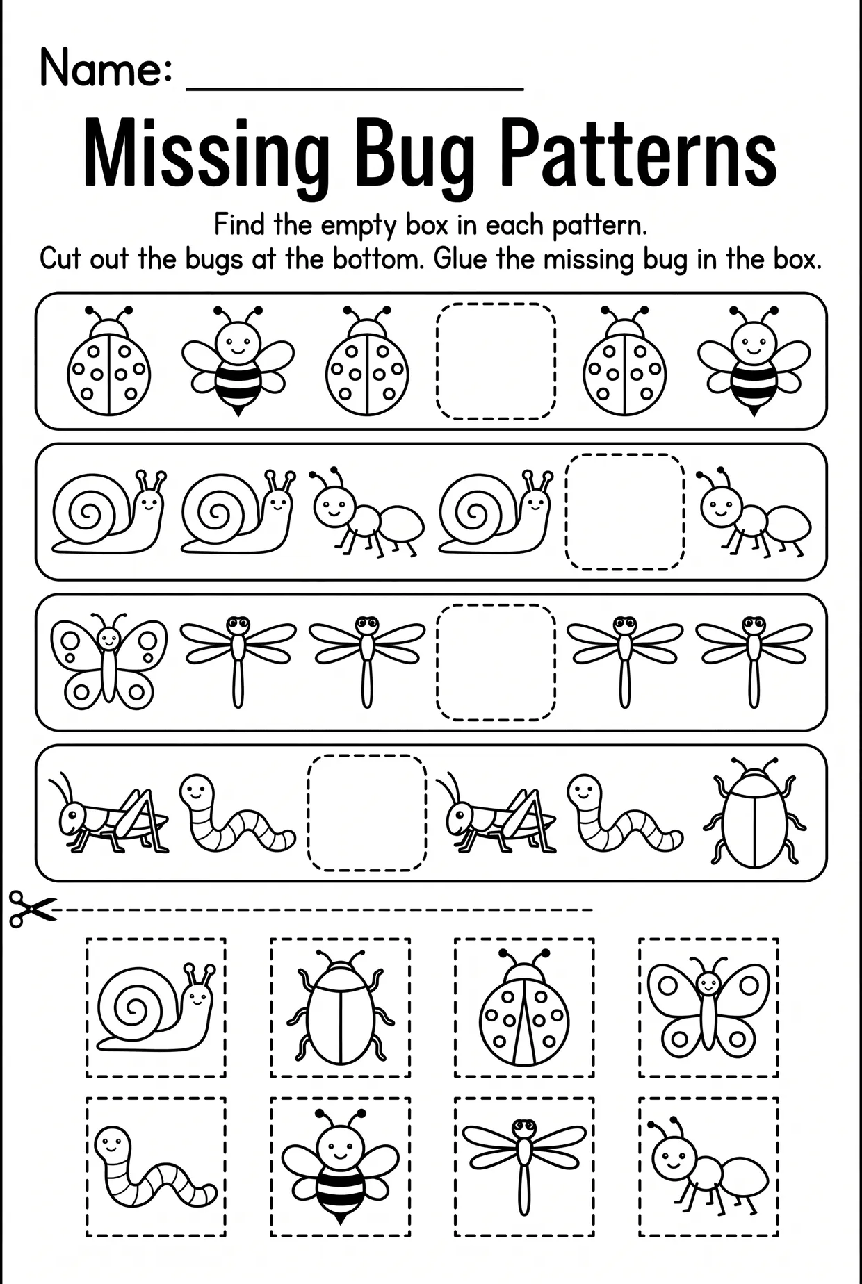 Missing Bug Pattern Worksheet for Kindergarten, page 1 preview