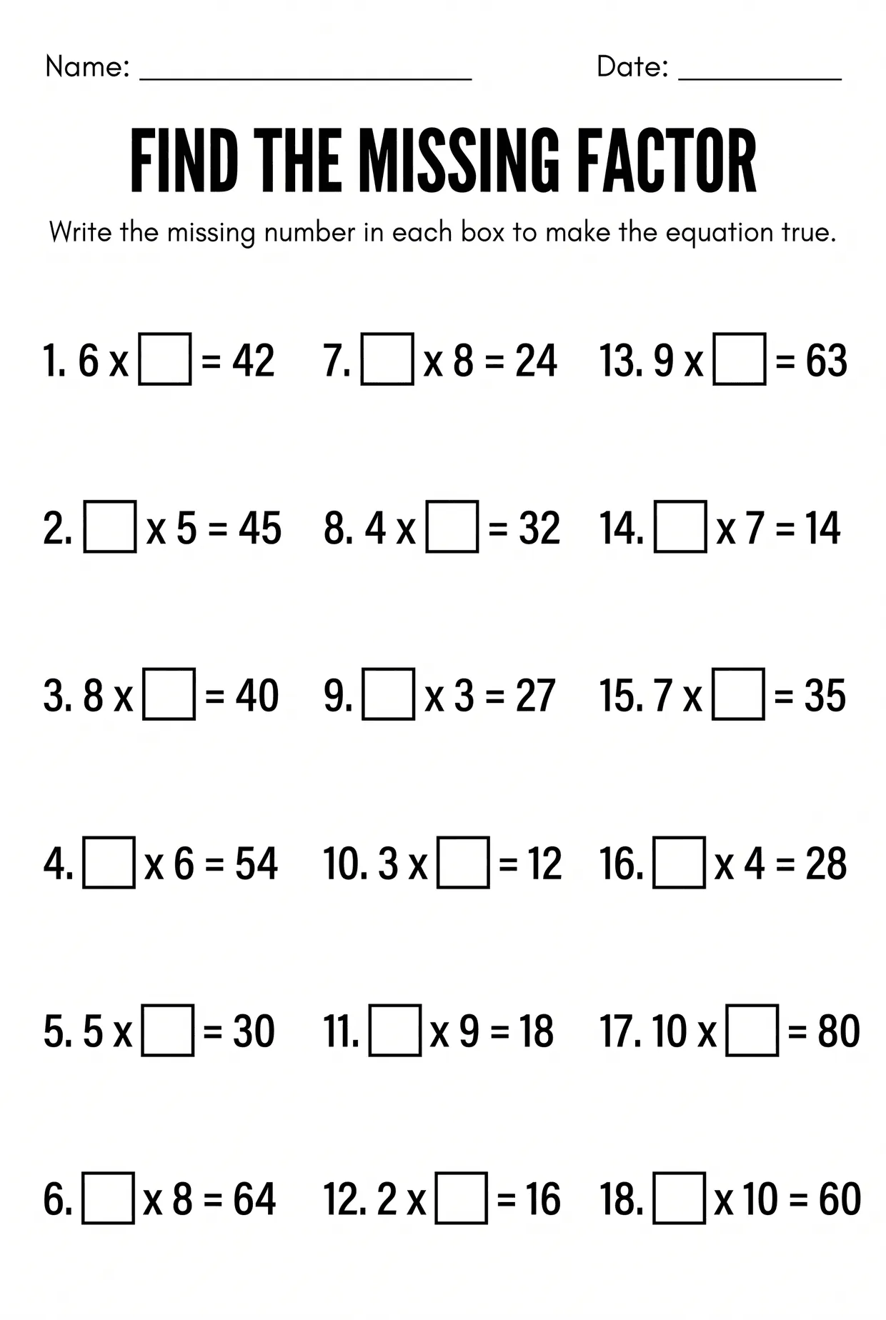 Find the Missing Factor Multiplication Worksheet Grade 3, page 1 preview