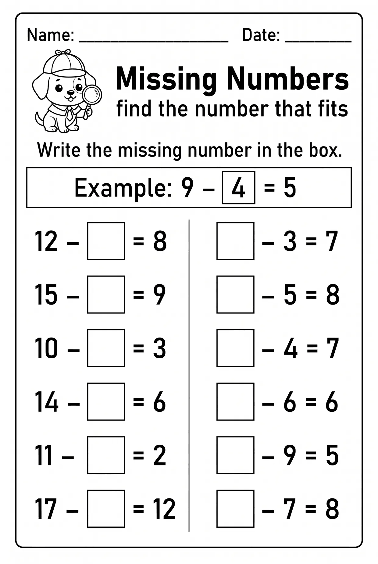 Missing Number Subtraction Worksheet for Grade 1, page 1 preview